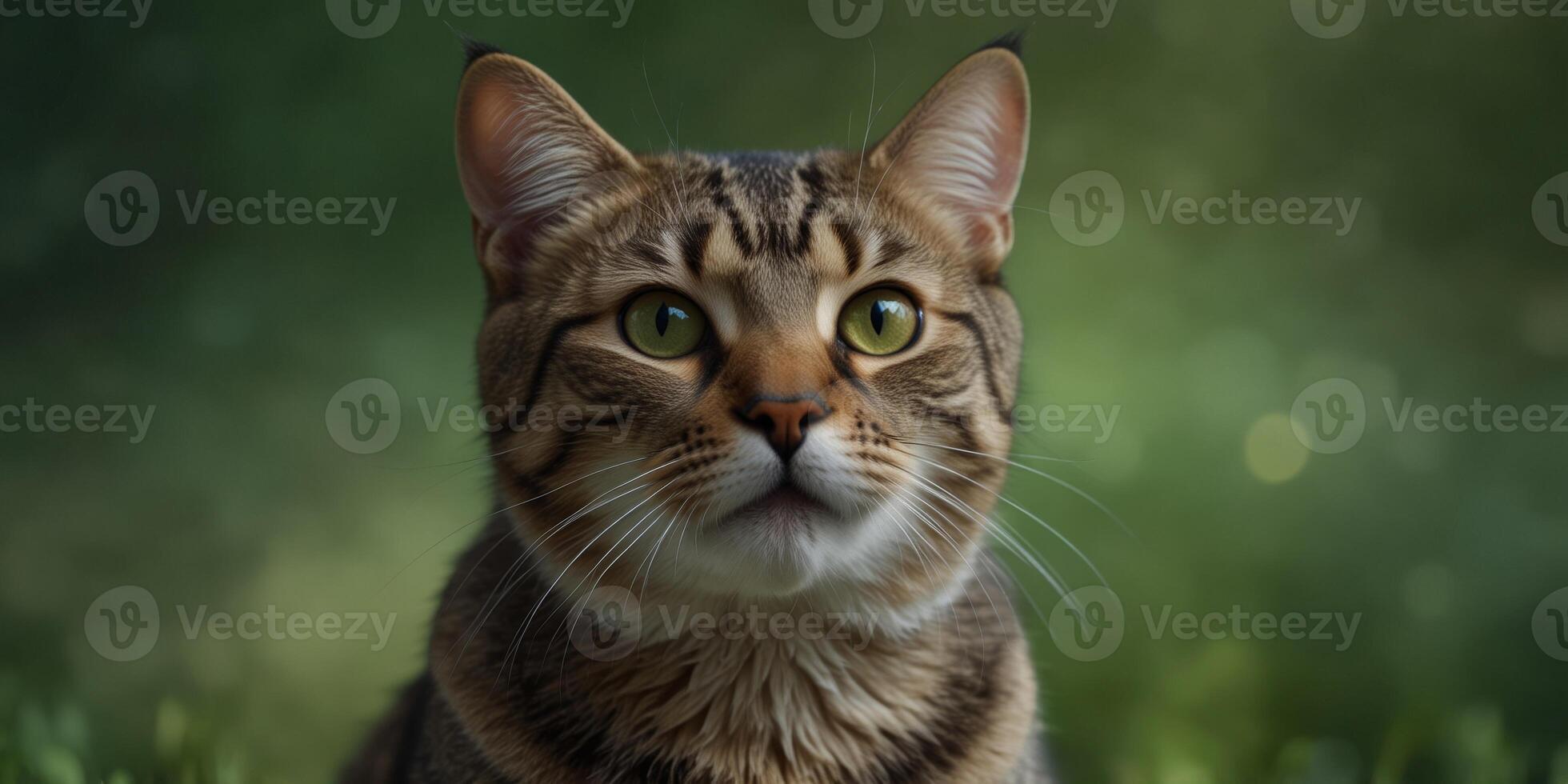 cute tabby cat face looking up on green background. photo