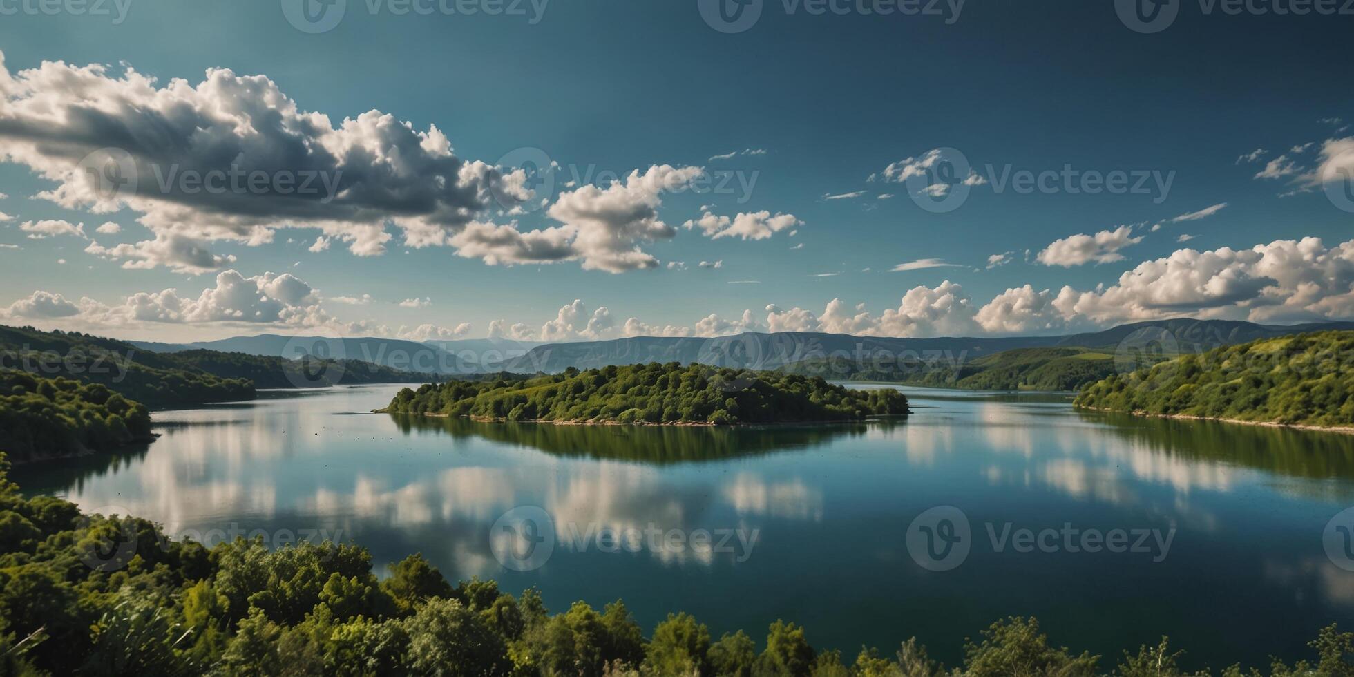 A birds-eye perspective of a body of water encircled by verdant hills and a clear blue sky dotted with clouds. photo