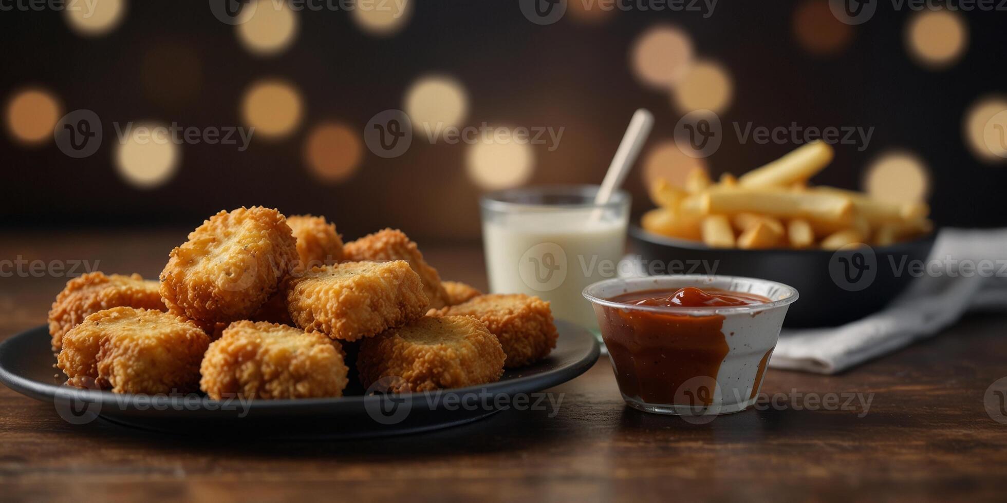 Crispy chicken nuggets and french fries with dipping sauce on table. photo