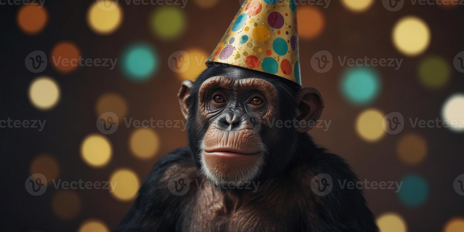 Celebratory chimpanzee with party hat and glasses on festive background. photo