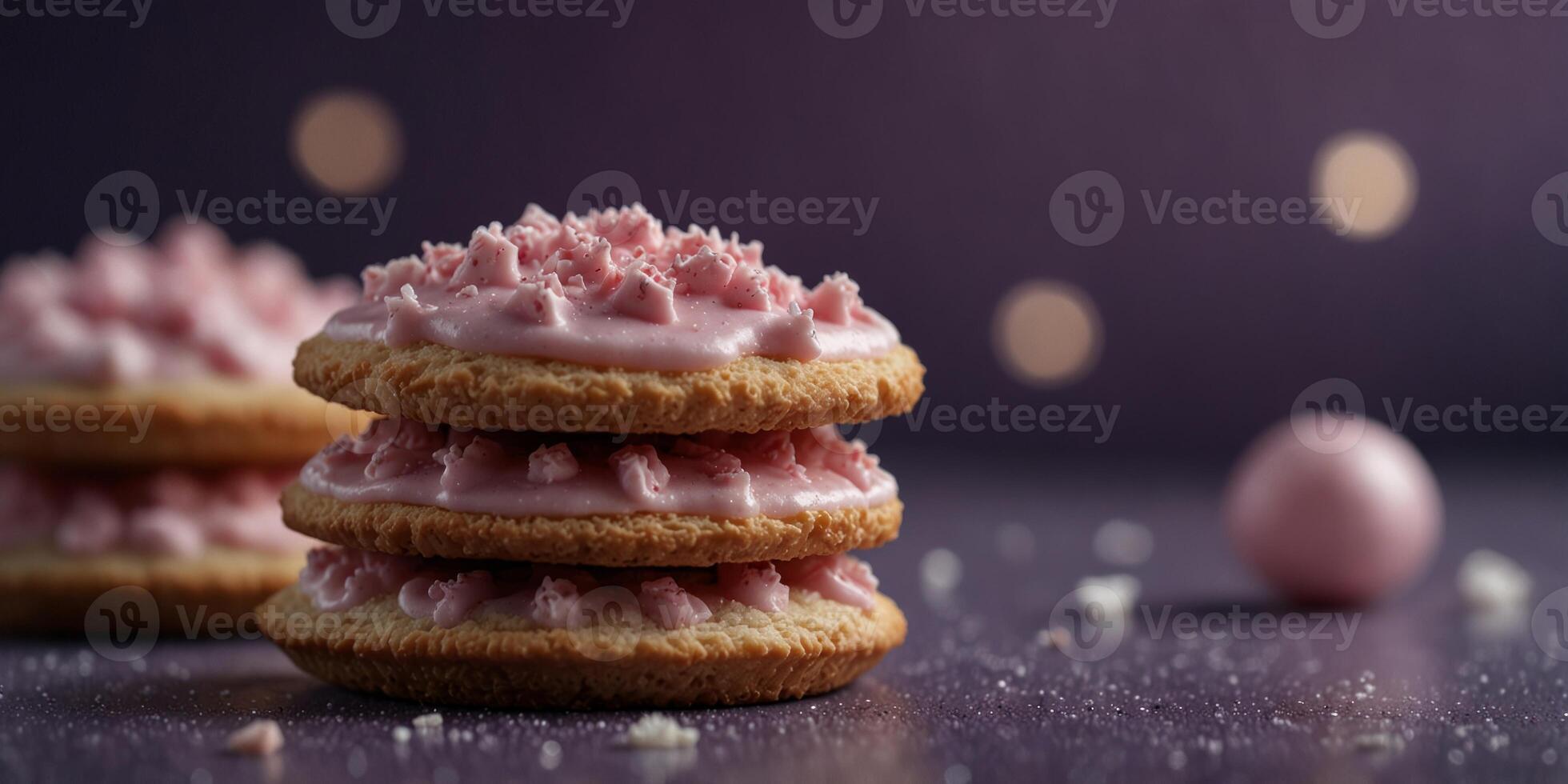 Delicate pink frosted cookies on purple background. photo