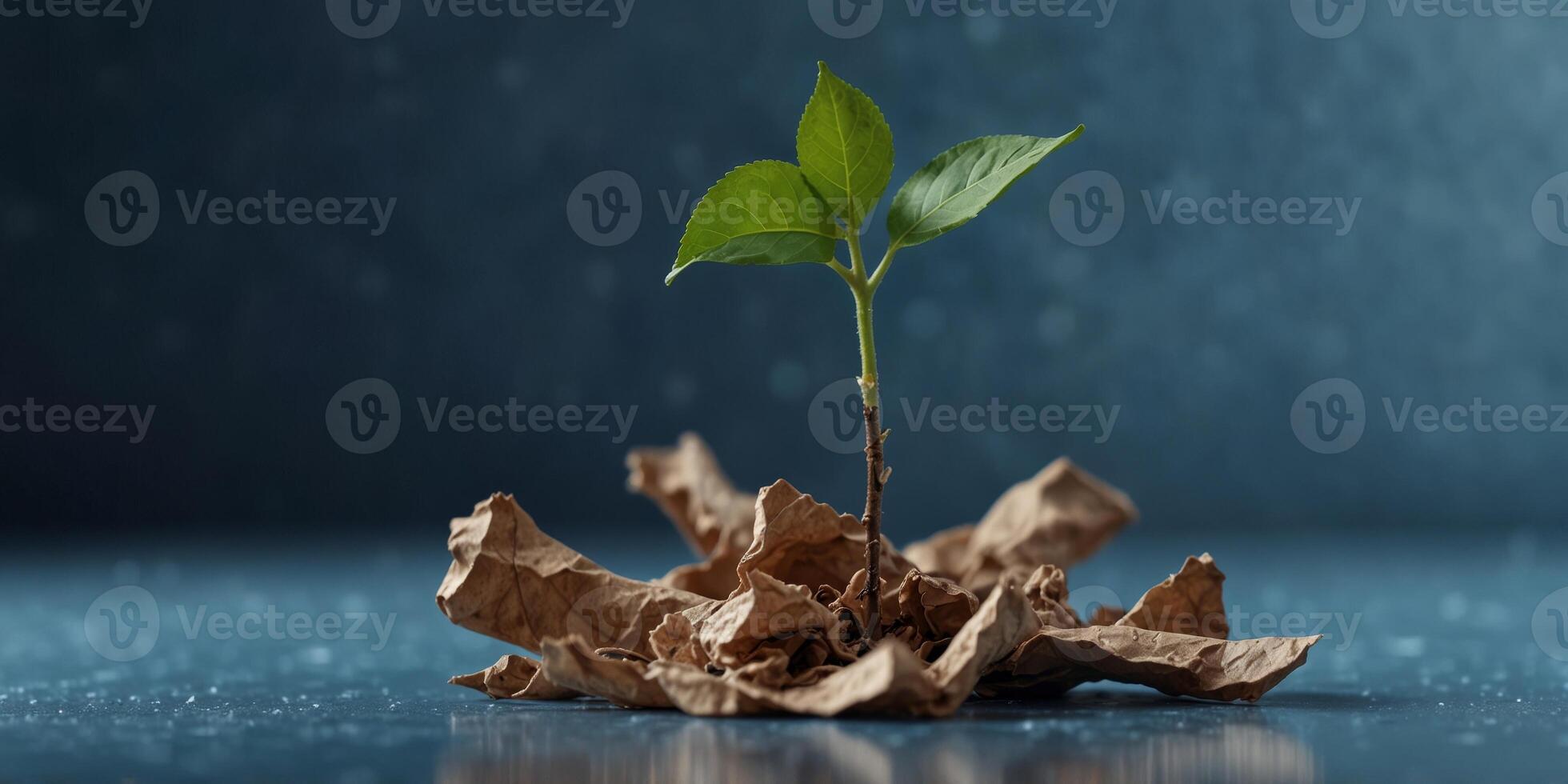 Sapling sprouting from crumpled paper on blue background. photo
