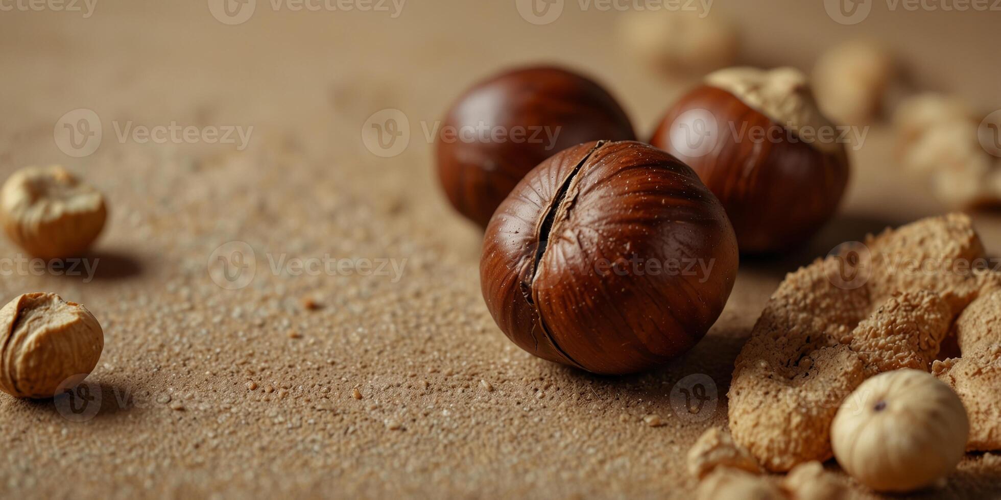 Top view of hazelnuts over warm beige background Fashion food concept. photo