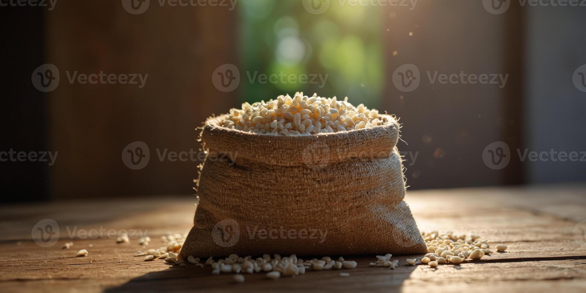 Sack of white rice on wooden table in sunlight. photo