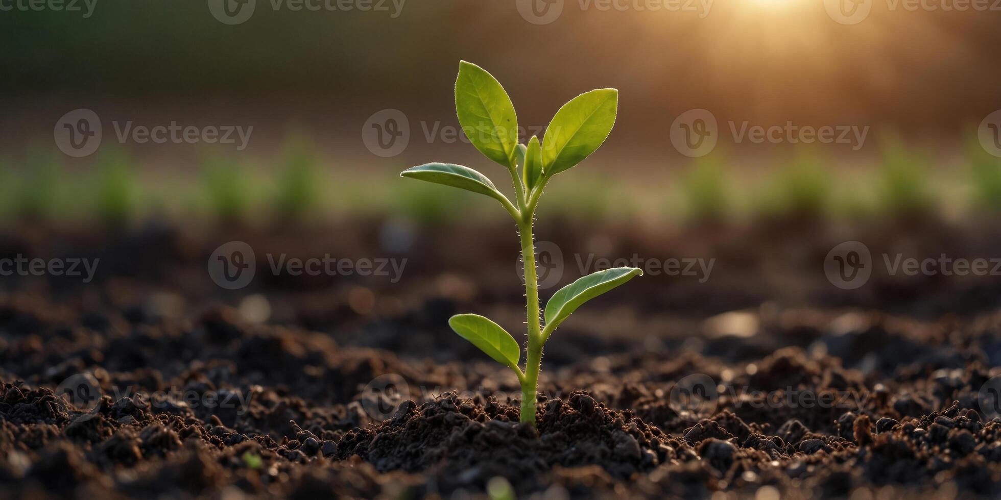 Sprouting seedling in fertile soil at sunrise. photo