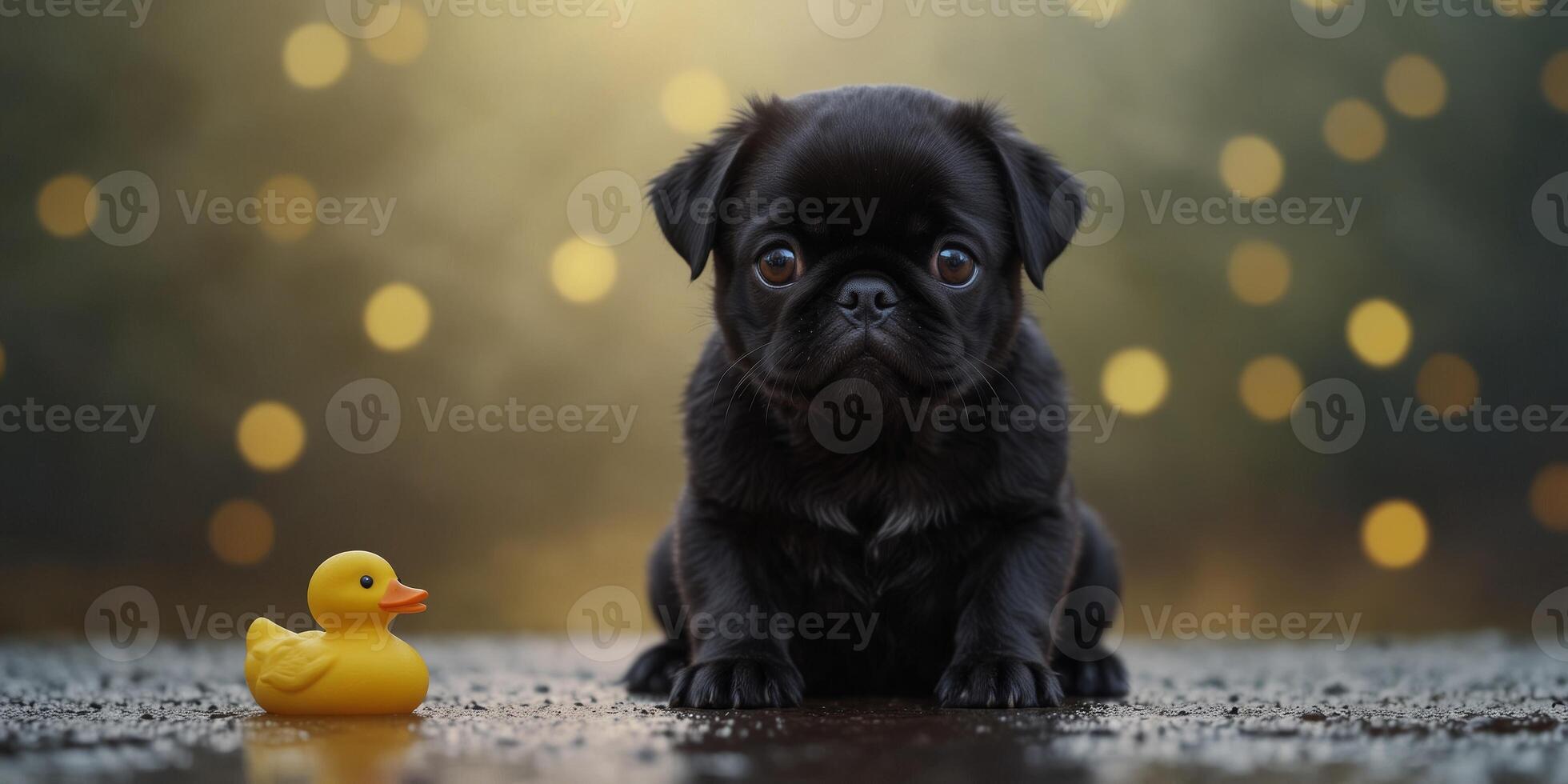 Adorable black pug puppy with yellow rubber ducky on head. photo