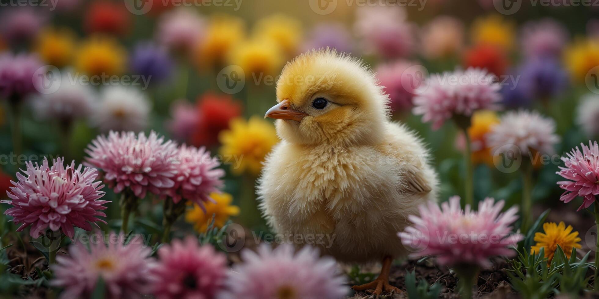 A Tiny Chick in a Field of Colorful Blooms. photo