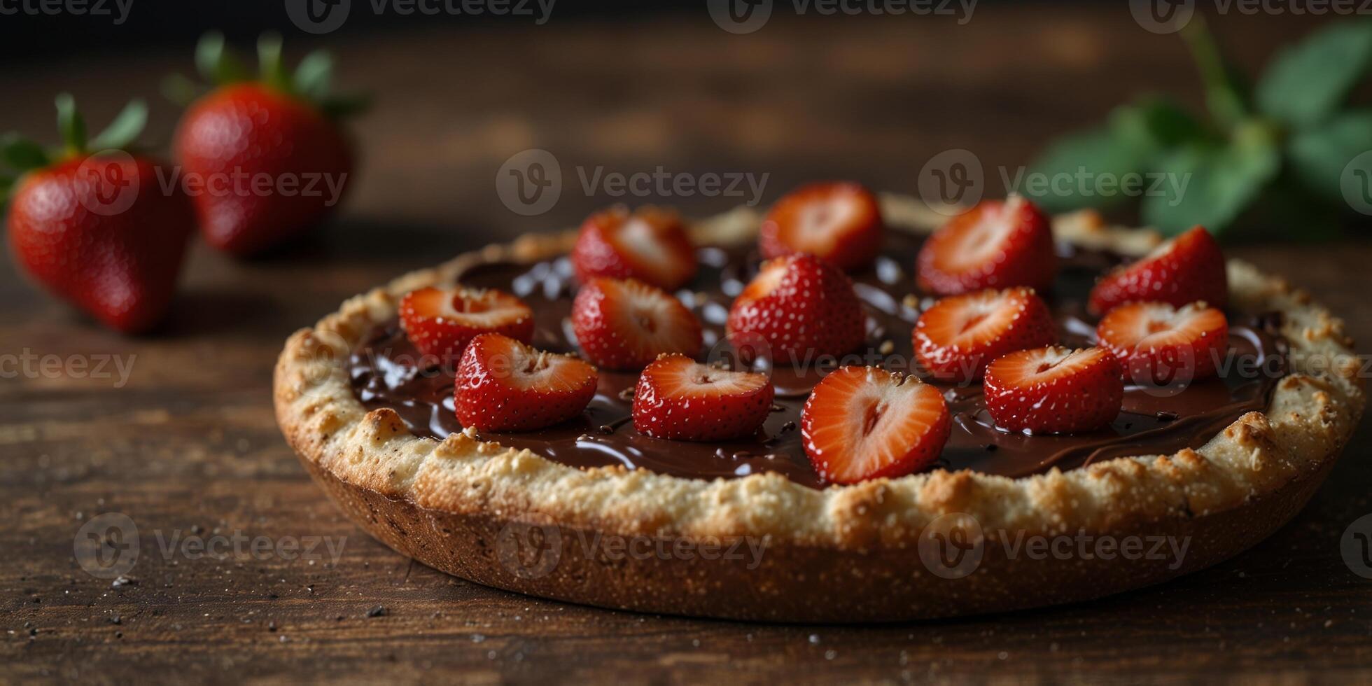 Tasty chocolate strawberry pizza on wooden table. photo