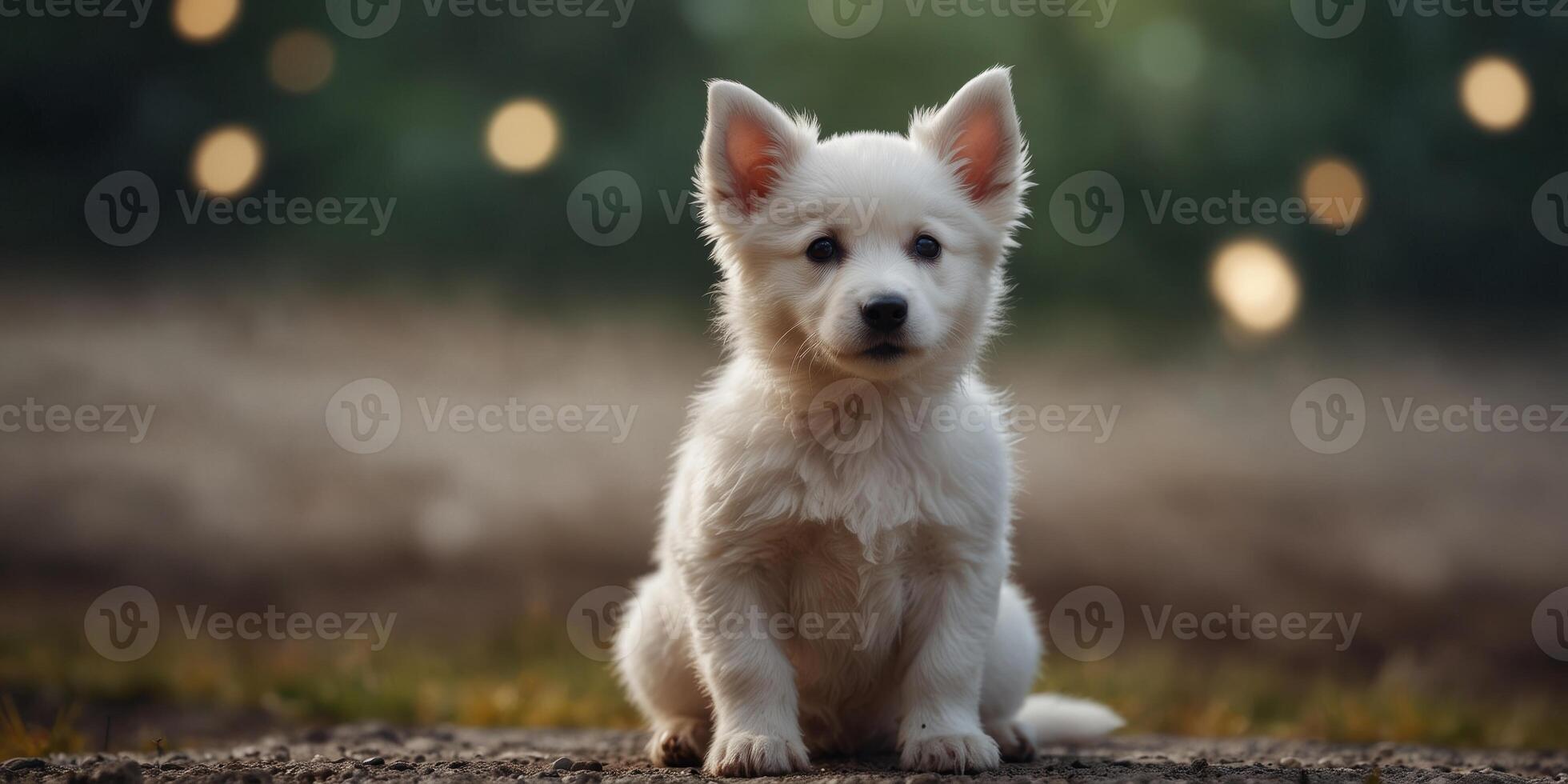 Adorable White Puppy Sitting and Looking Away. photo