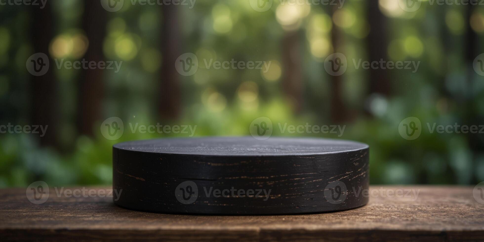 empty ebony wood cylinder podium with background. photo