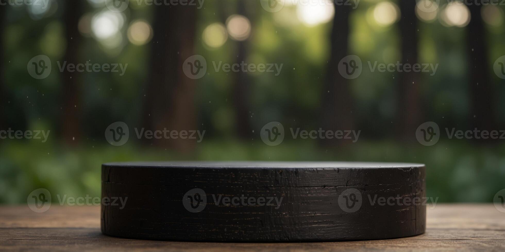 empty ebony wood cylinder podium with background. photo
