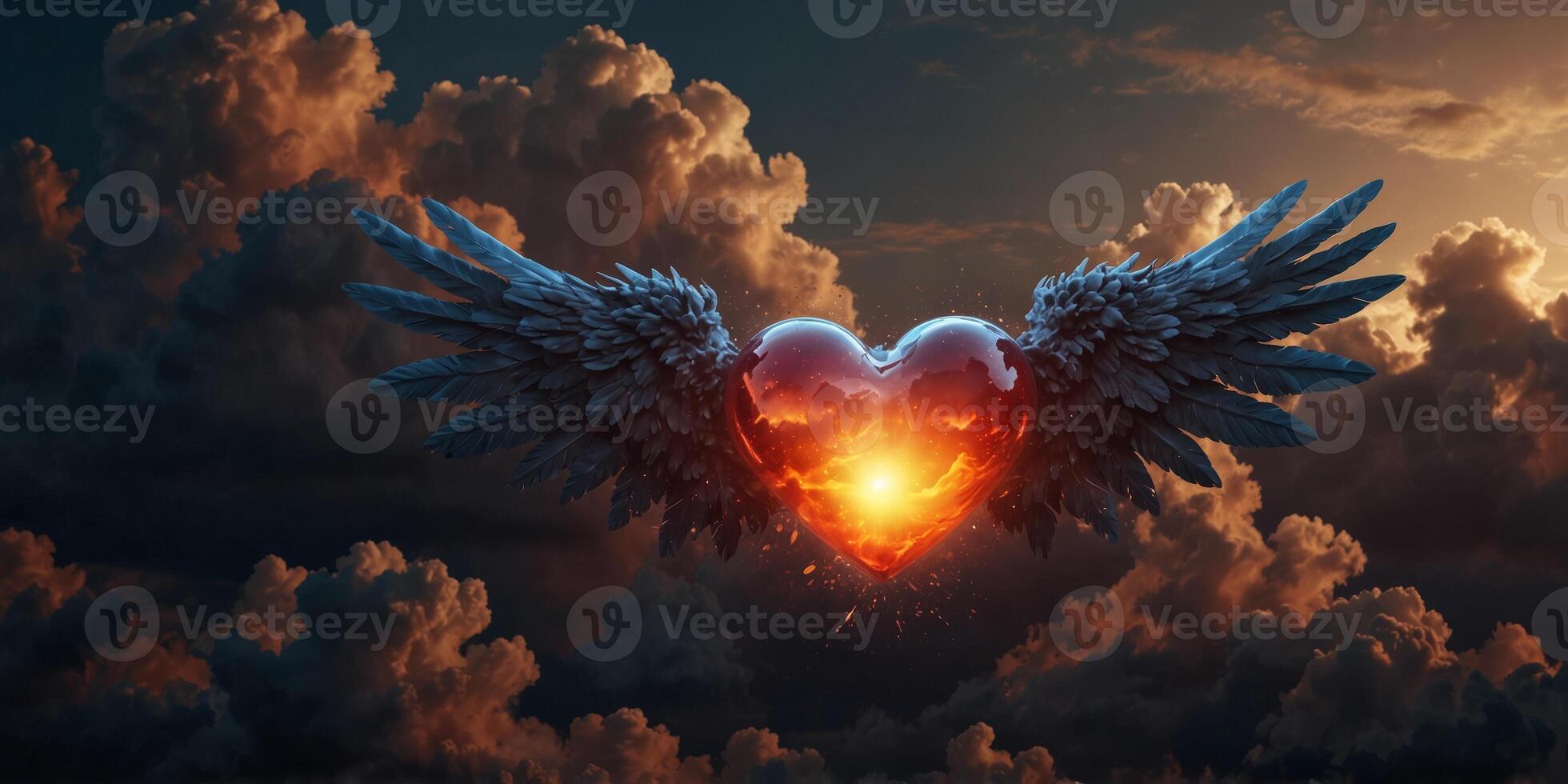 A glowing heart with wings amidst dramatic clouds. photo