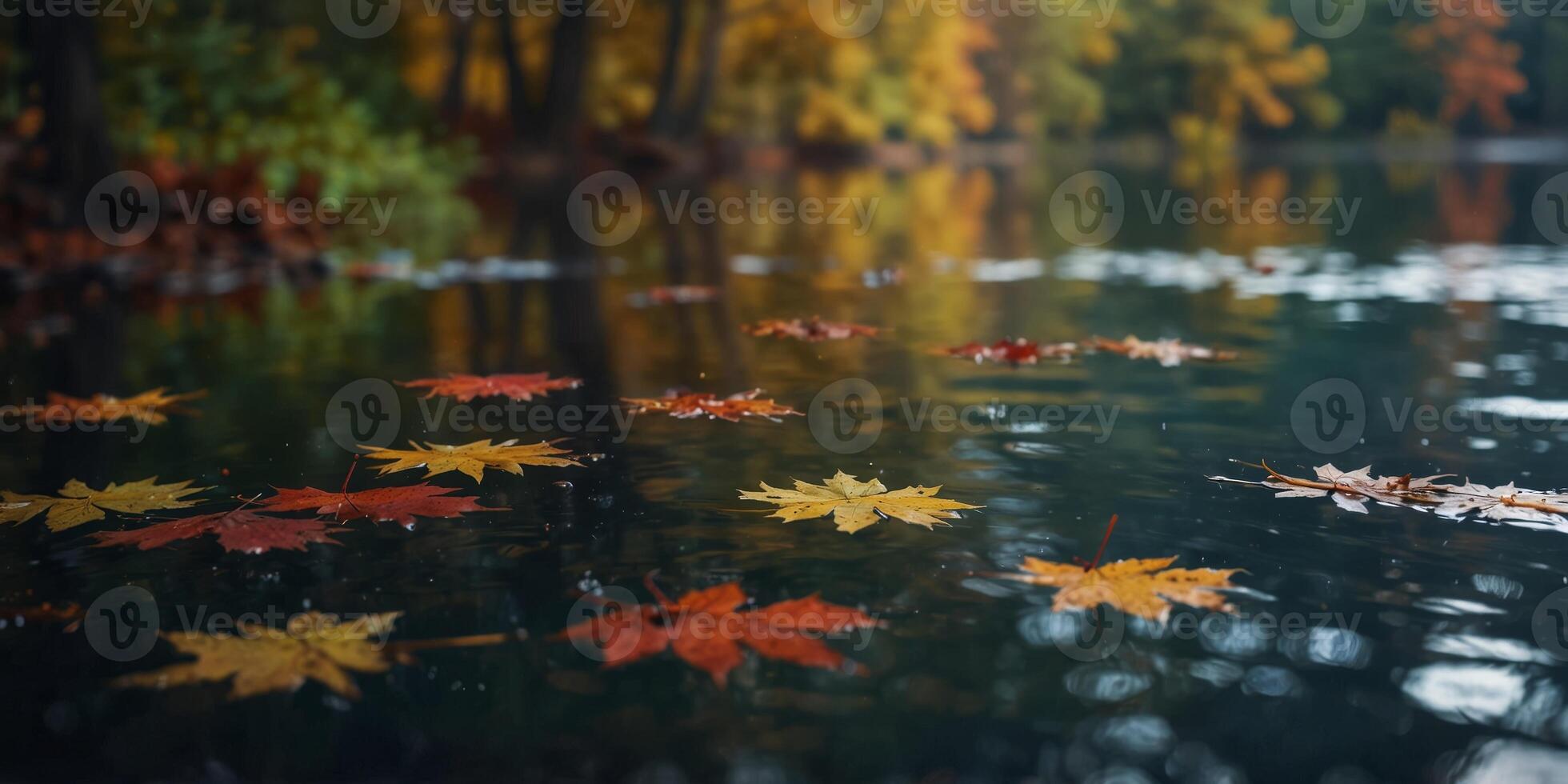Autumnal serenity with colorful leaves floating on tranquil water. photo