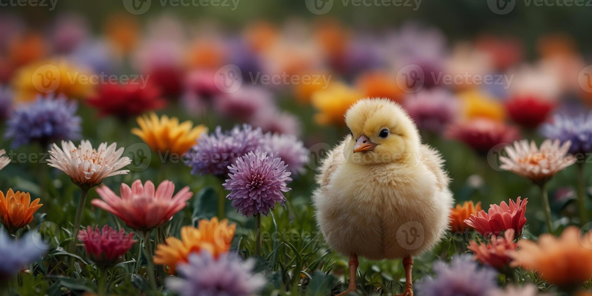 A Tiny Chick in a Field of Colorful Blooms. photo