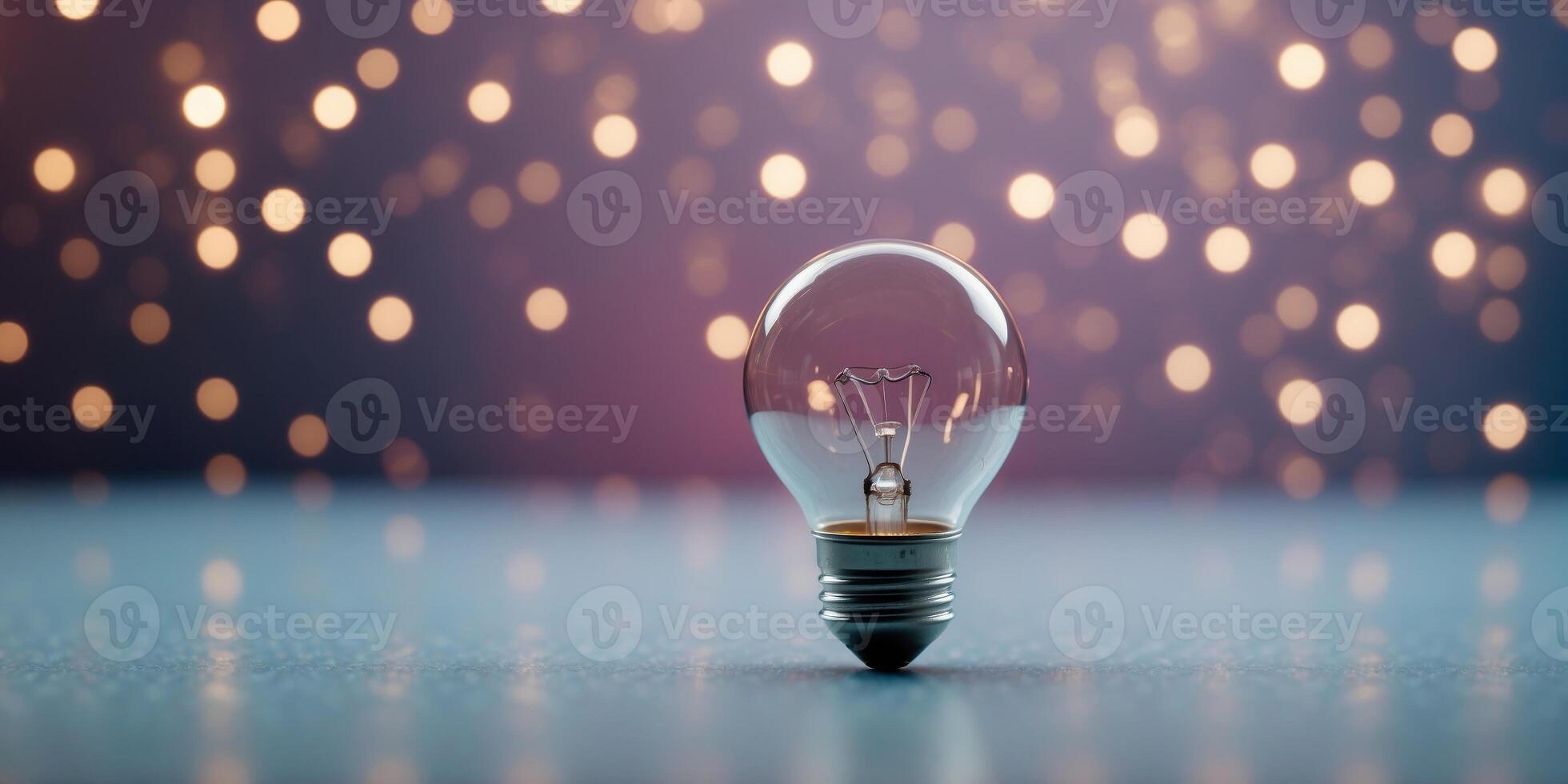 A single light bulb sits on a blue and pink abstract background. photo