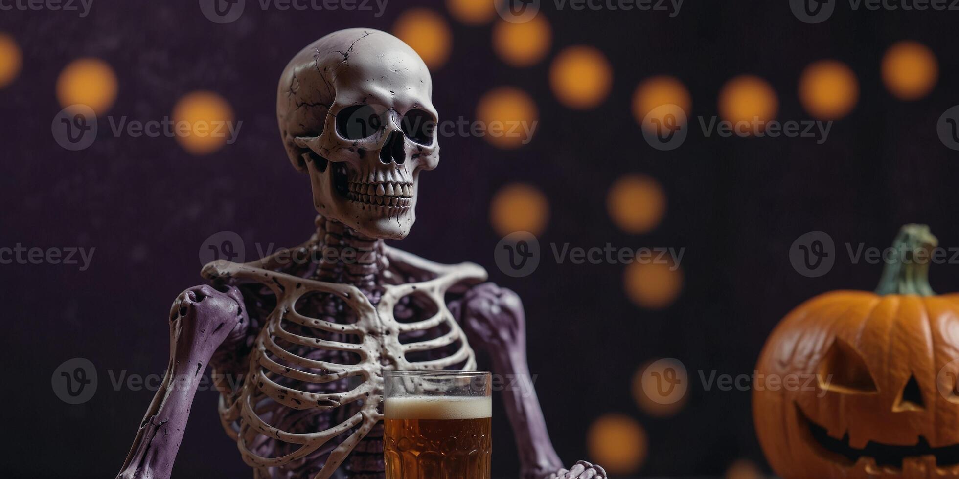 close up skeleton on a purple background holding a glass of pumpkin ale for Halloween. photo