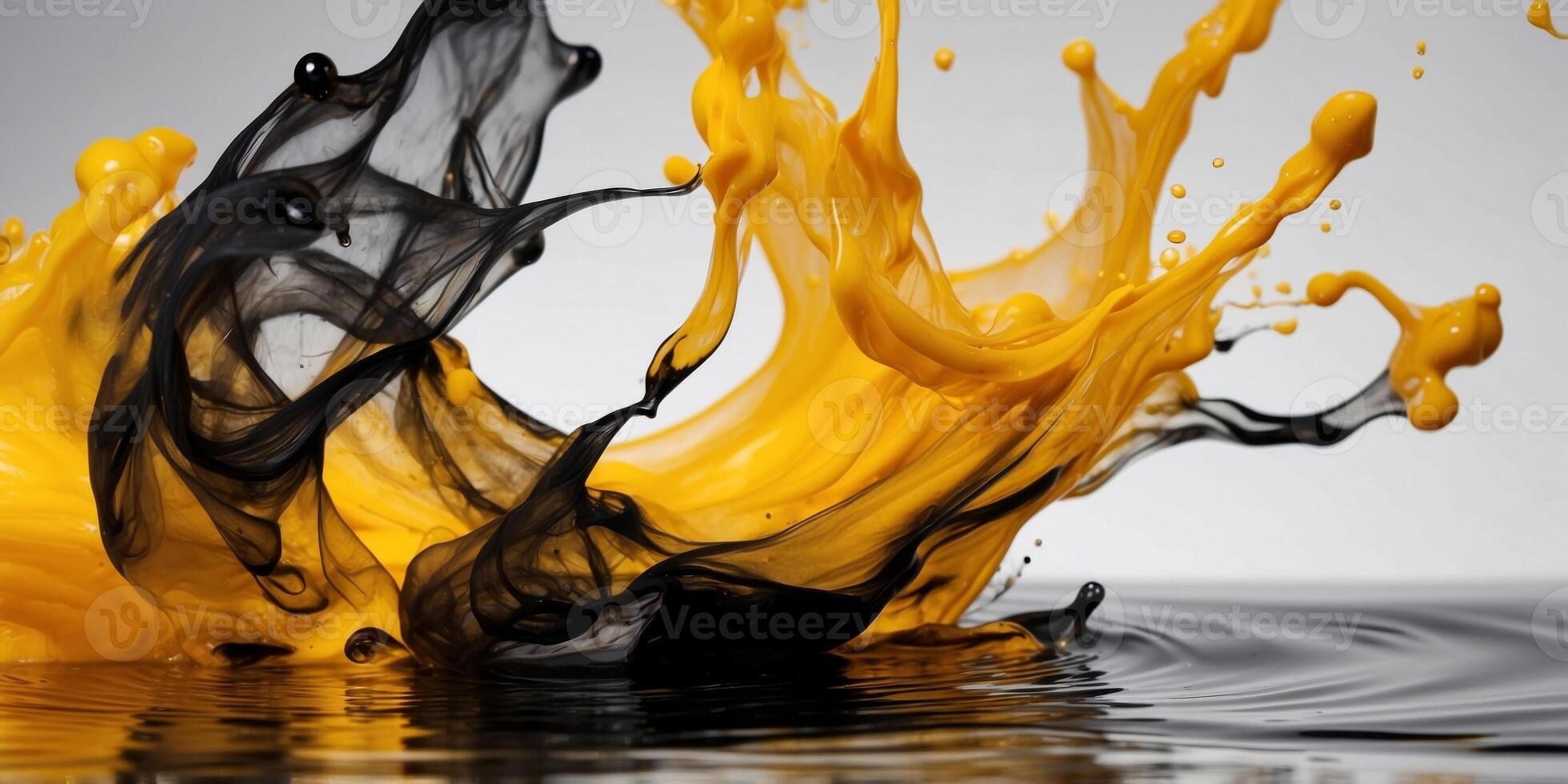 Dynamic contrast of yellow and black ink in water. photo
