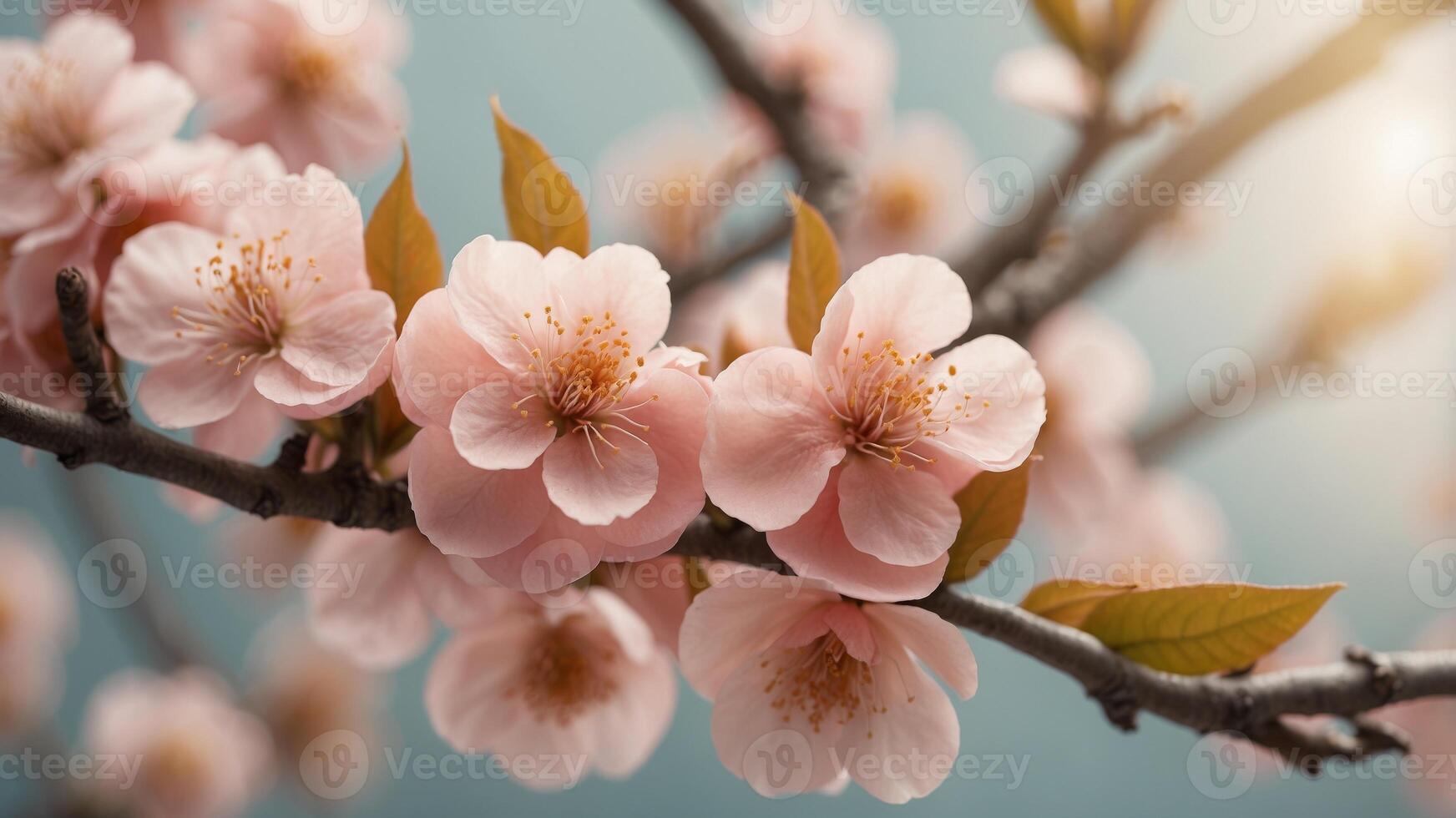 peach fuzz background with blooming peach branch. photo