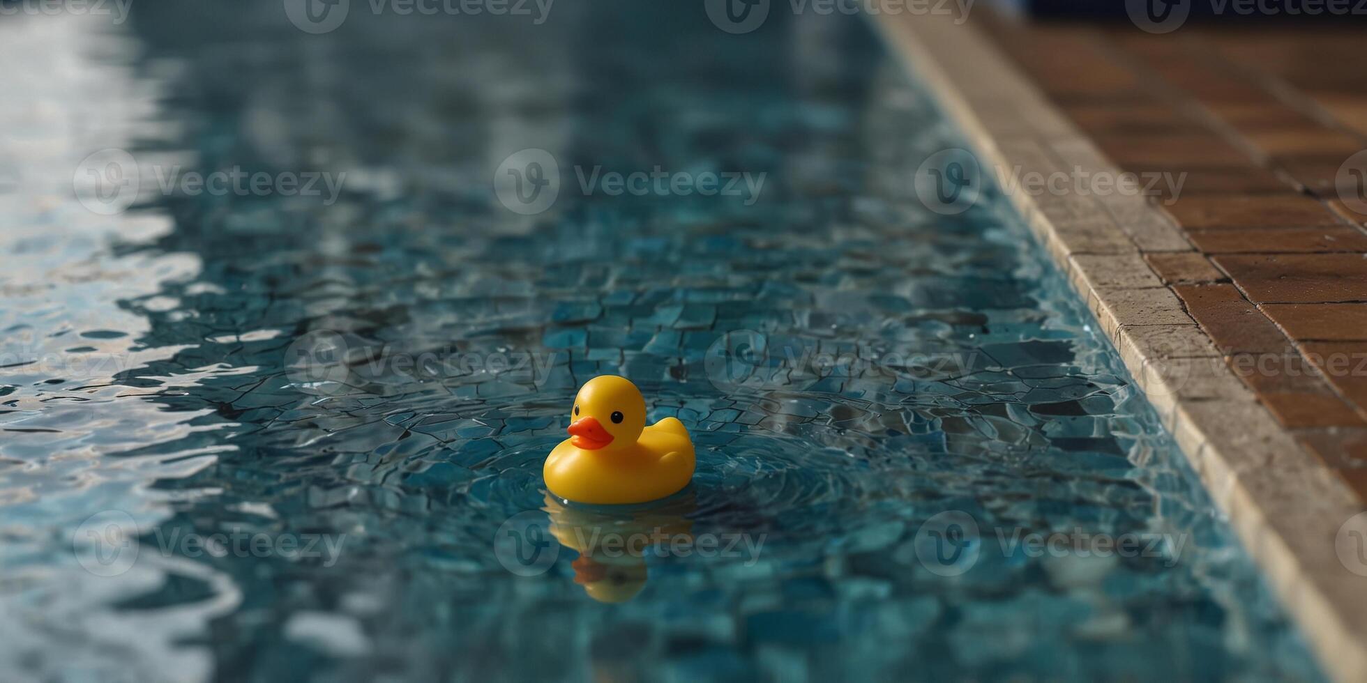 Yellow rubber duck floating in a tiled blue pool Minimalist and whimsical poolside scene. photo
