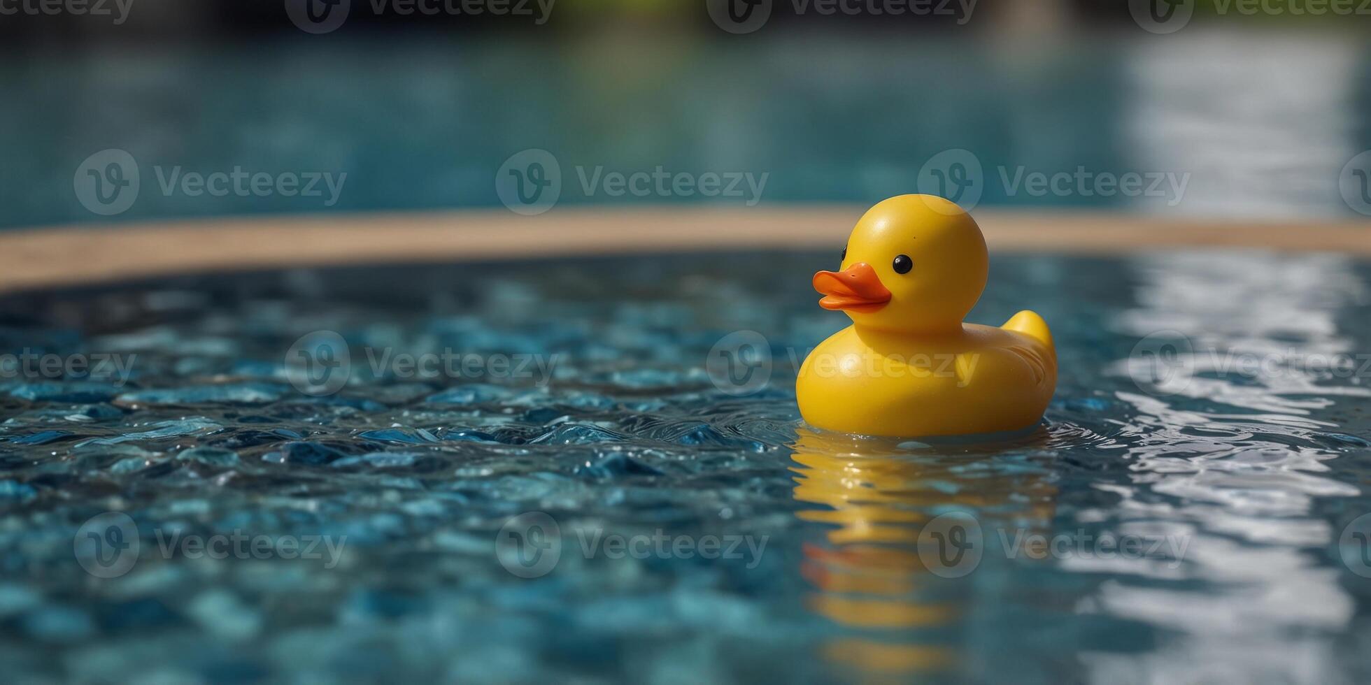 Yellow rubber duck floating in a tiled blue pool Minimalist and whimsical poolside scene. photo