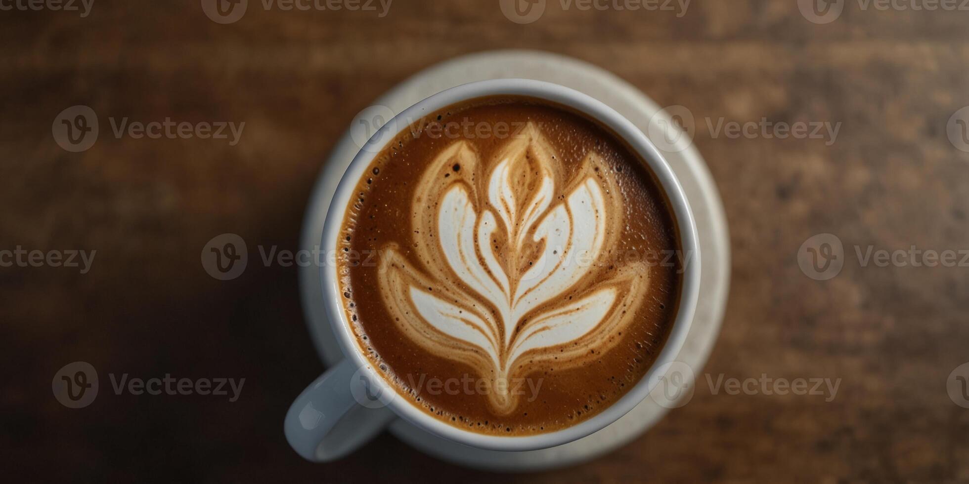 close up of coffee cup with latte art tulip from above. photo