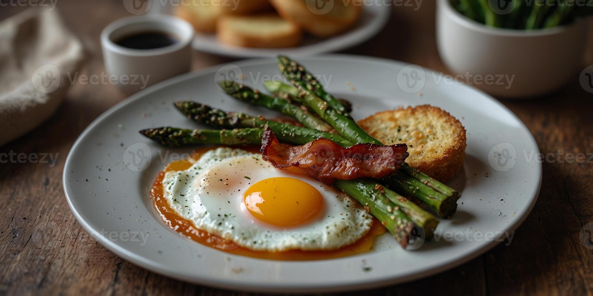 delicious breakfast a plate with fried asparagus bacon and fried eggs. photo