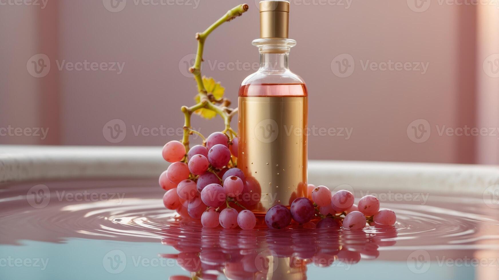 gold serum bottle in a shallow pink pool with floating grapes. photo