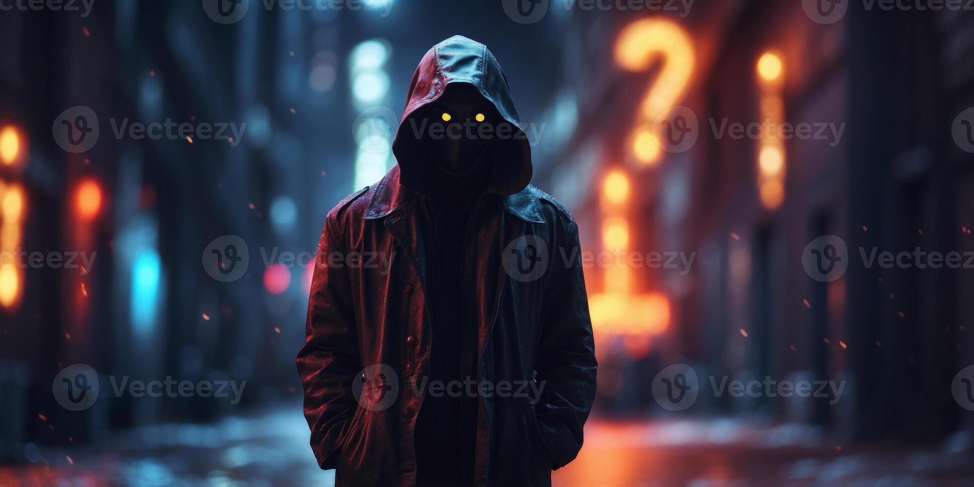 Mysterious figure facing a neon question mark in a dystopian alley. photo