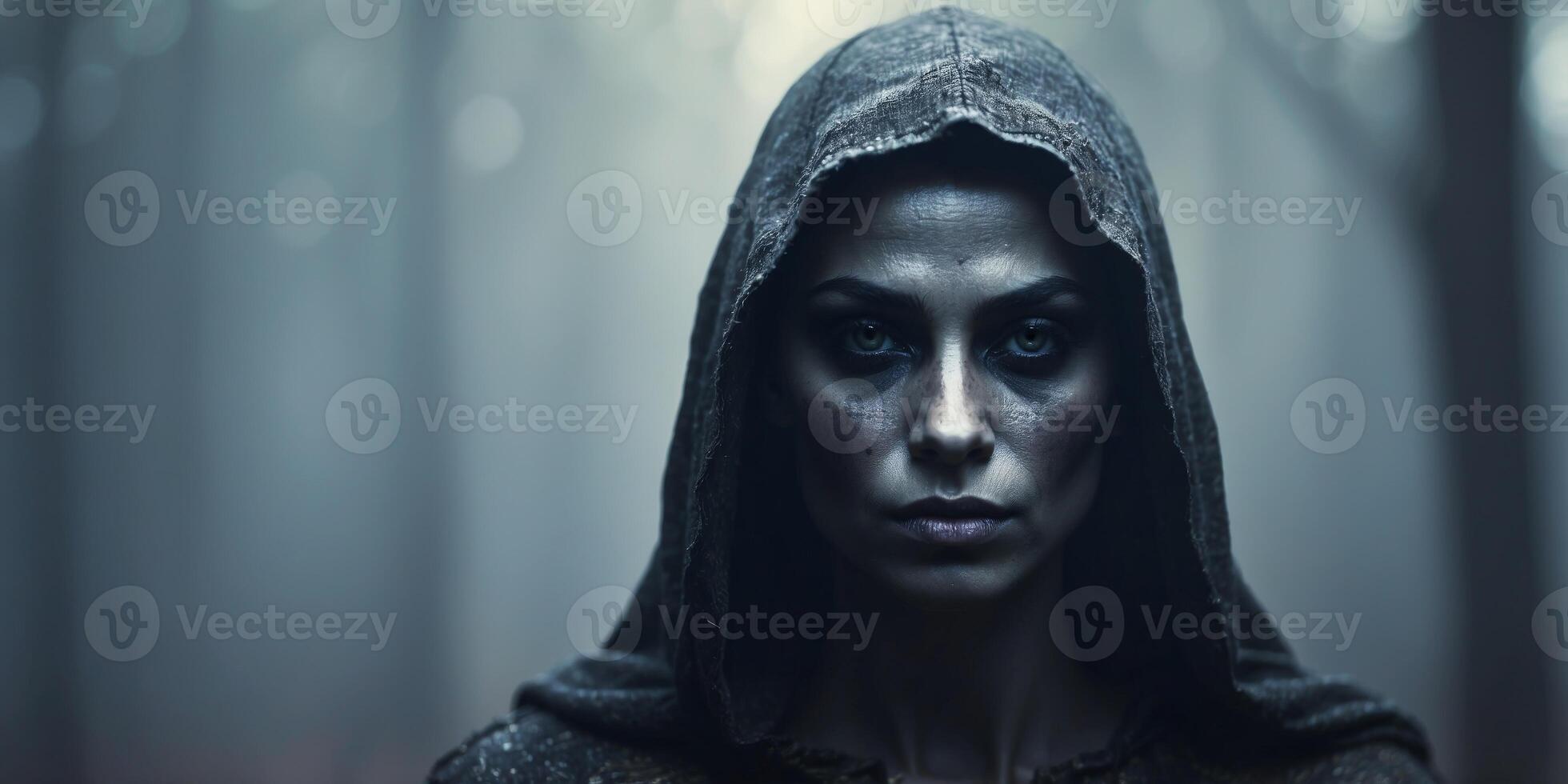 Mysterious Dark Elf in Misty Forest with Solemn Expression under Eerie Light. photo