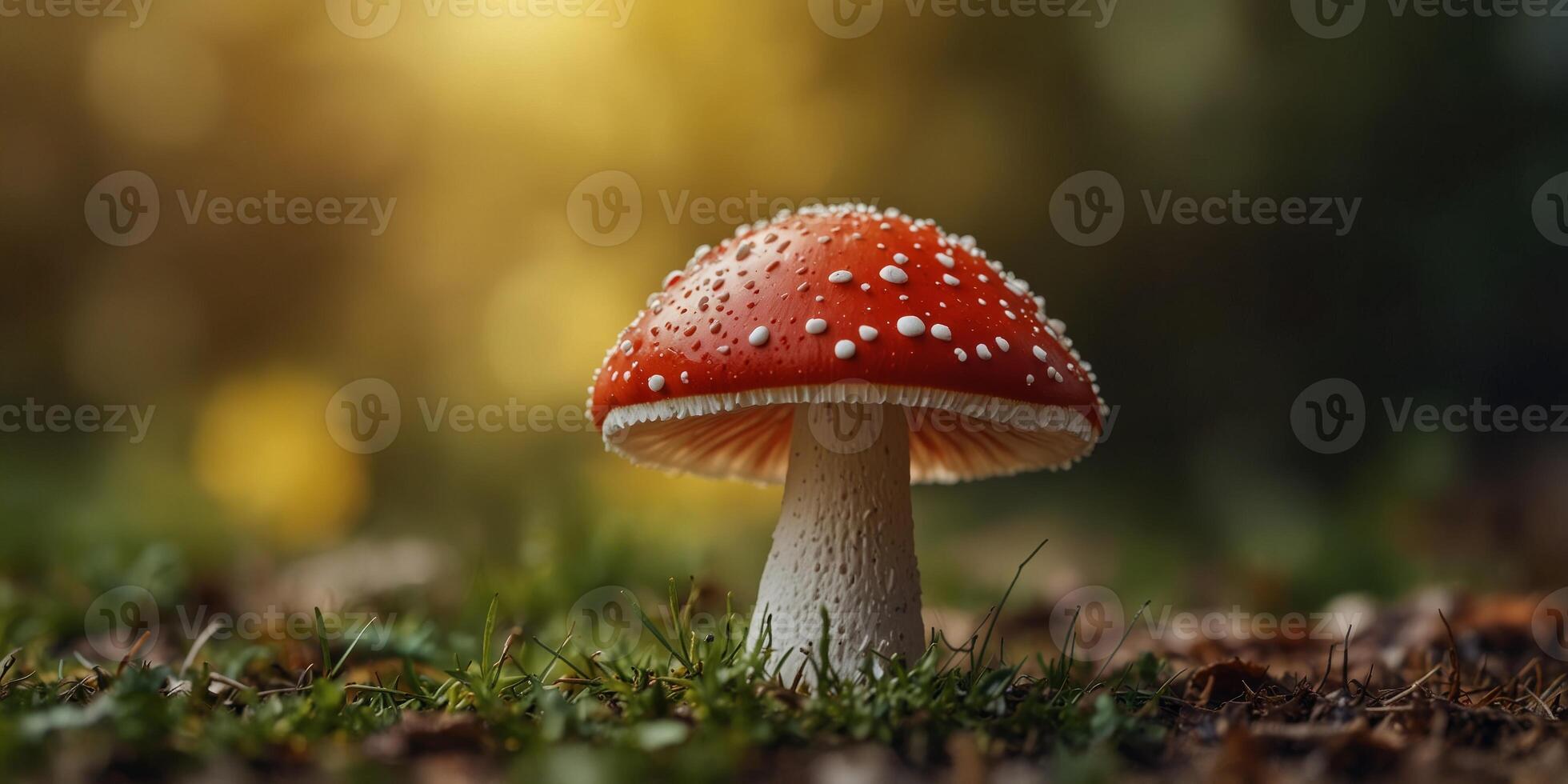 Red and white mushroom on a yellow background Bold and vibrant natural concept. photo