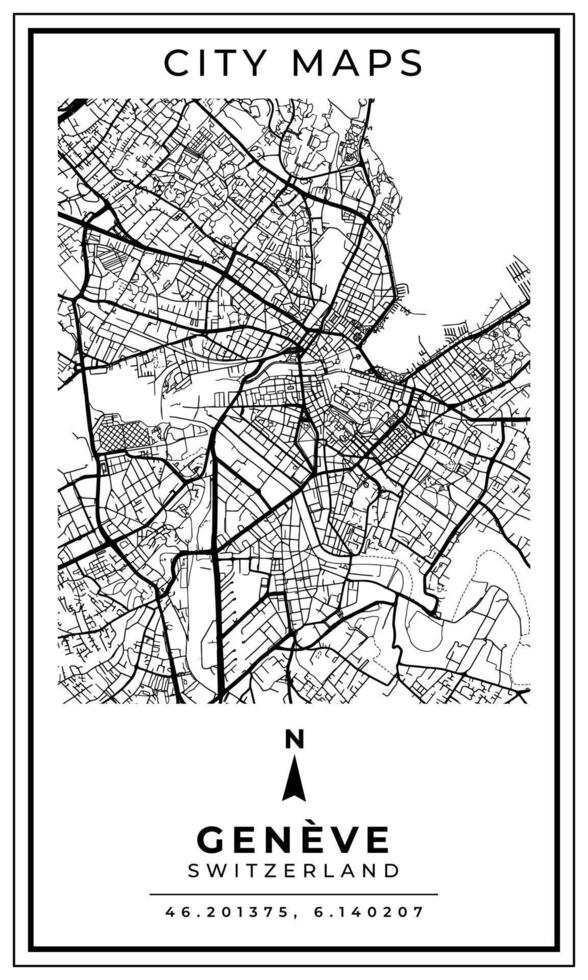 Monochrome Line Art Map of Geneve City Switzerland, Illustration and home decoration vector