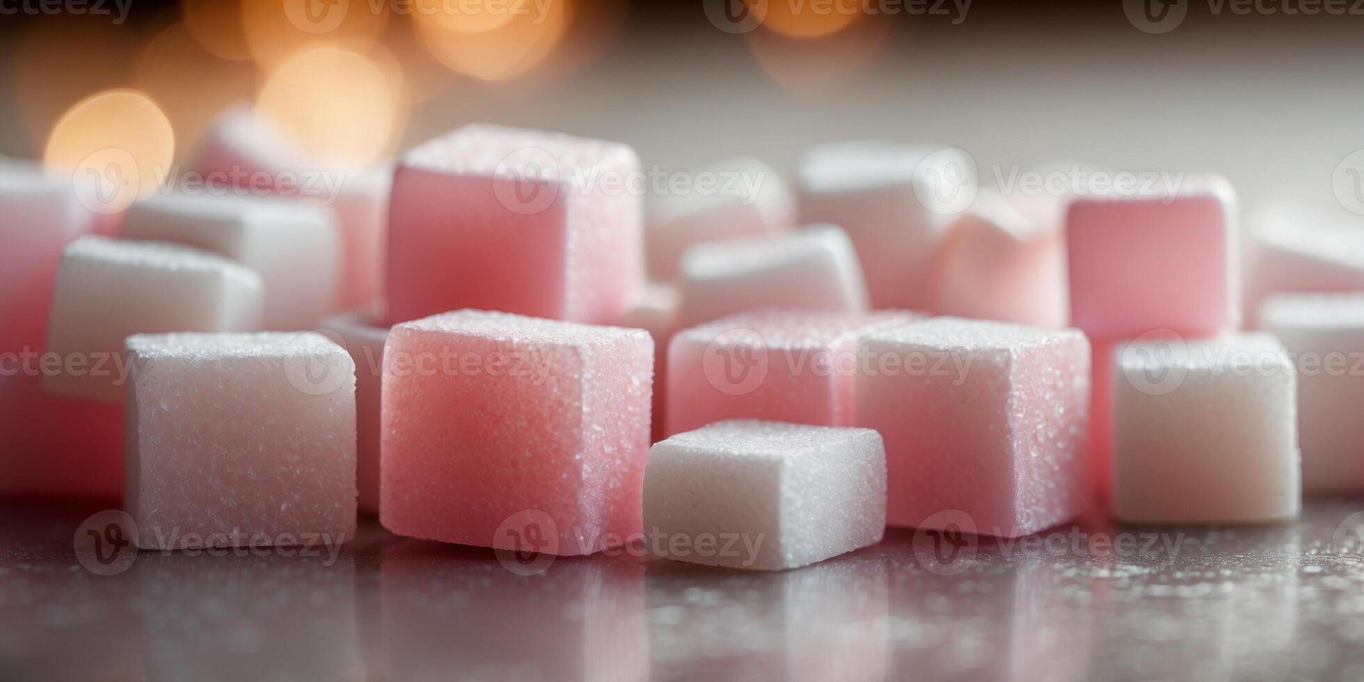 Closeup of pink white assorted sugar cubes. photo