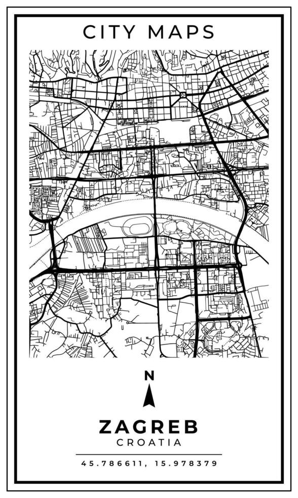 Monochrome Line Art Map of Zagreb City Croatia, Illustration and home decoration vector