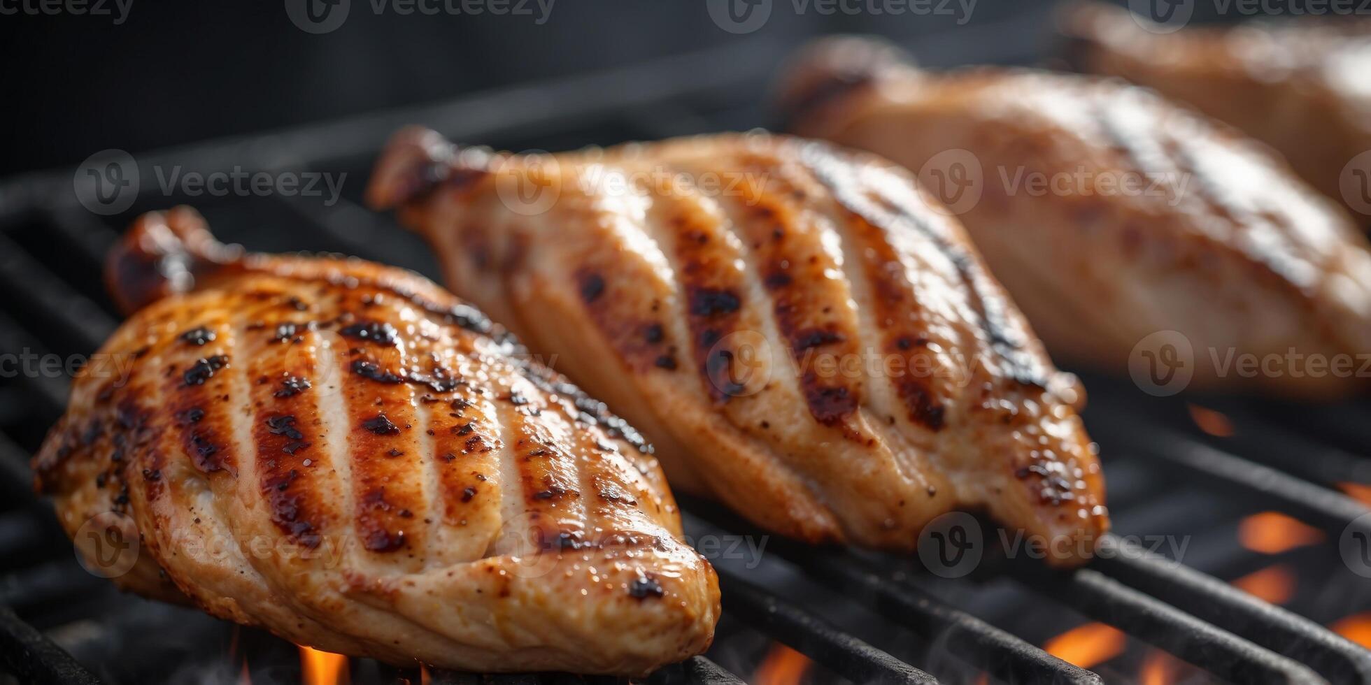 Grilled chicken breasts on barbecue grill with char marks. photo