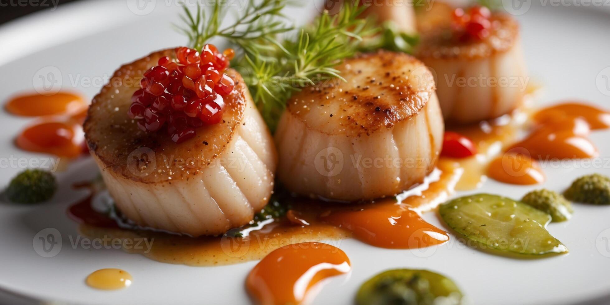 Exquisite Seared Scallops Gourmet Dish with Rich Sauce and Colorful Vegetables on White Plate. photo