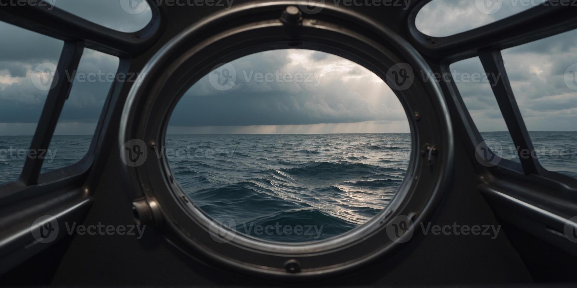 Ocean view through a submarine porthole with stormy skies. photo