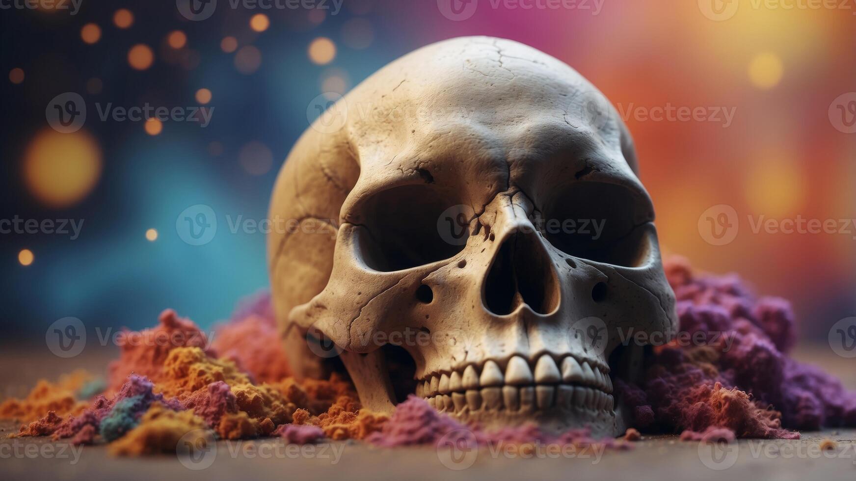 Skull on the background of colorful dust. photo
