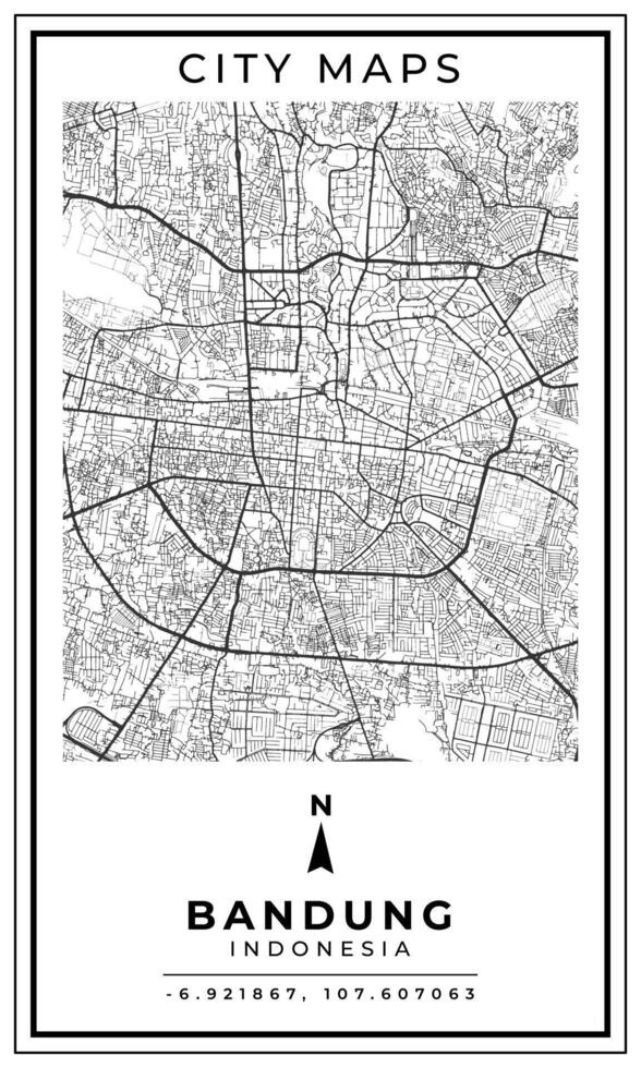 Black and white printable map of Bandung city Indonesia banner poster design, illustration vector