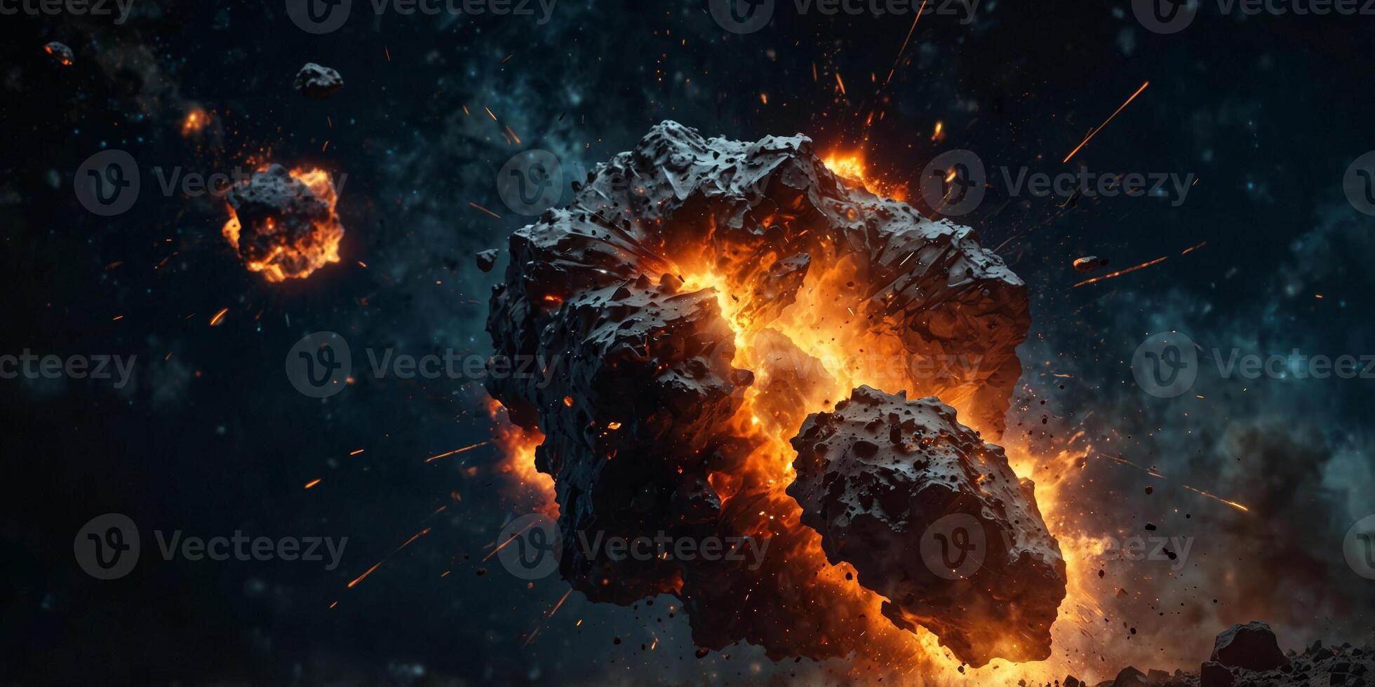 Explosive asteroid collision in space with fiery debris. photo