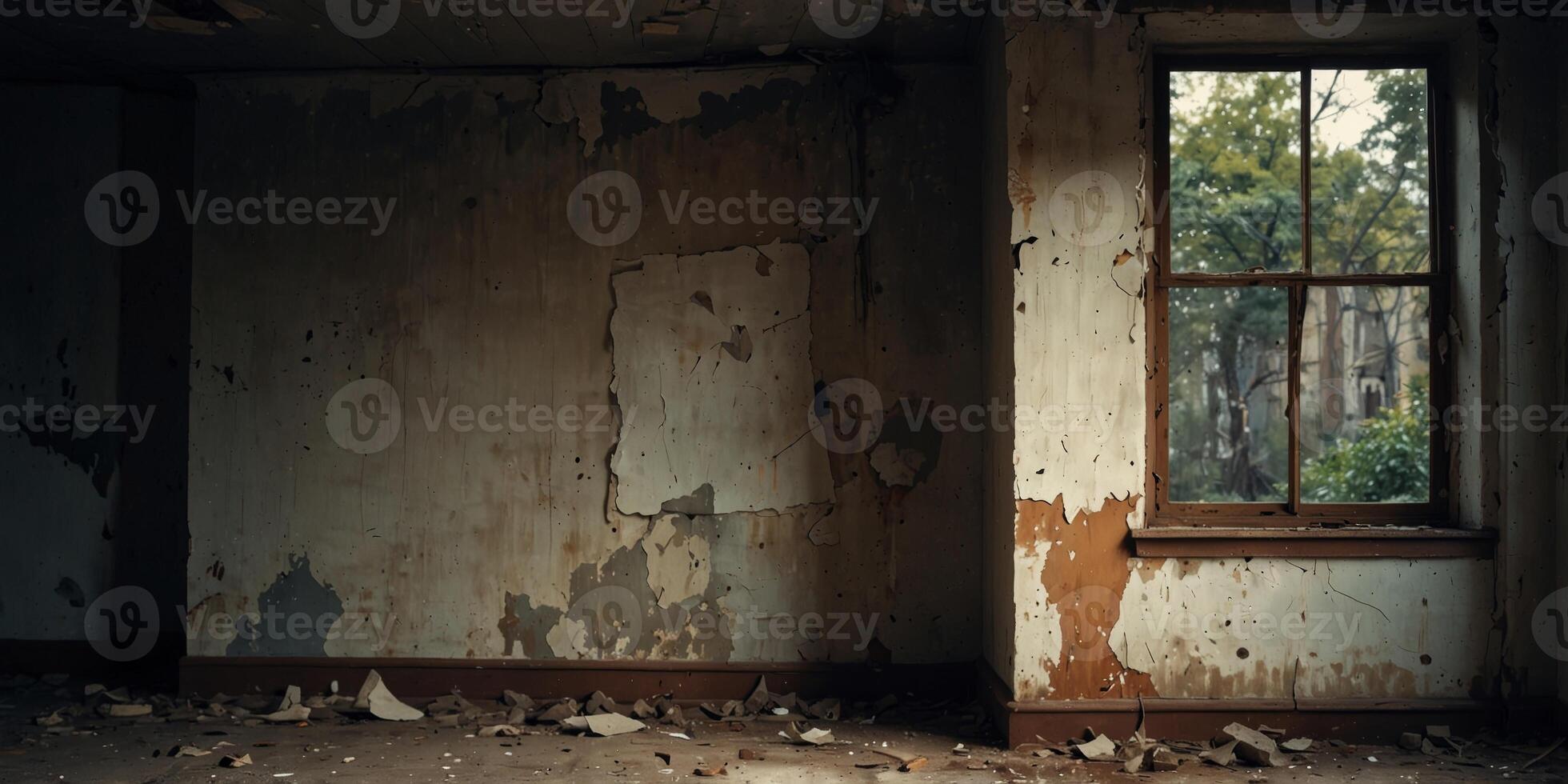 Old abandoned building with broken window. photo