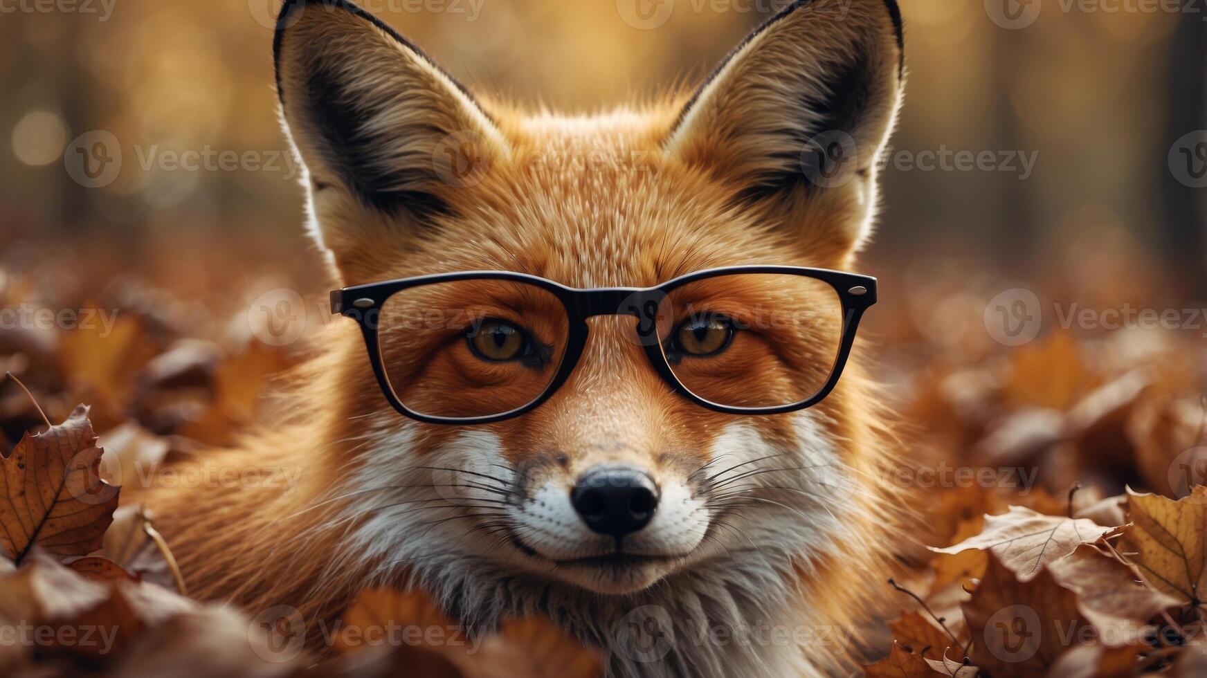 Red Fox in Autumn Leaves Wearing Glasses. photo