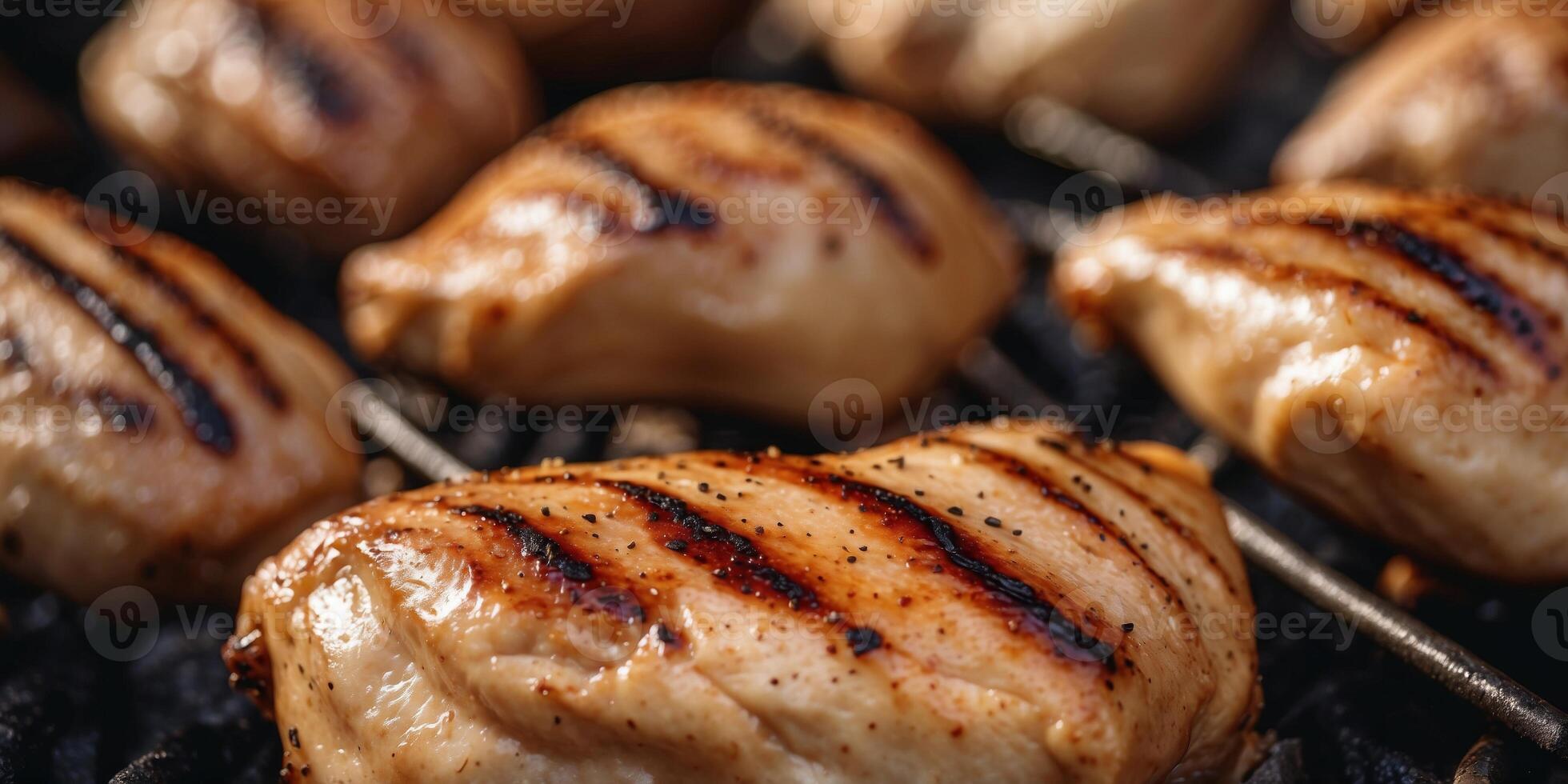 Grilled chicken breasts on barbecue with grill marks. photo