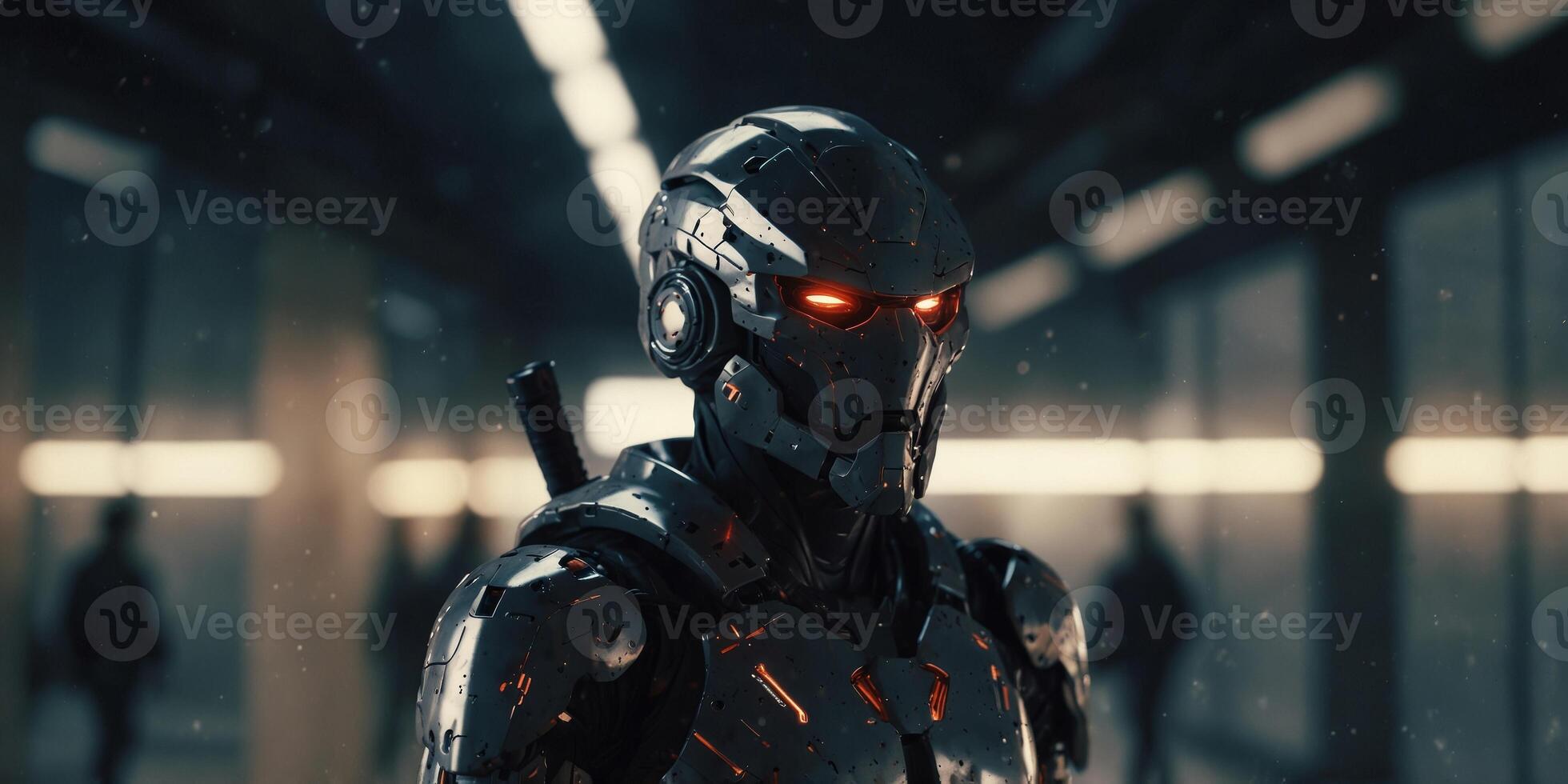 Futuristic Anime Warrior in Stylish Armor Striding Through High-Tech Corridor with Confidence and Intensity. photo