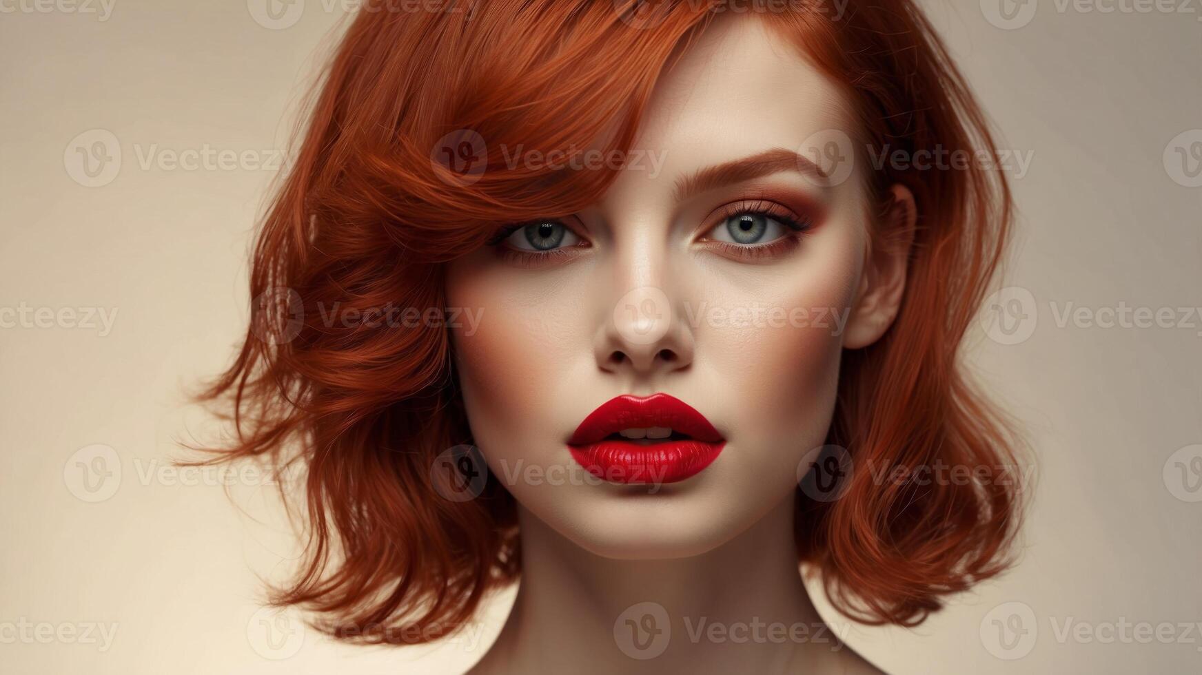 Red head with red lipstick and eye shadow on a red background. photo