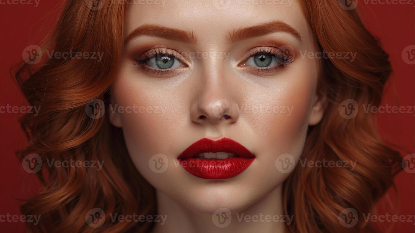 Red head with red lipstick and eye shadow on a red background. photo