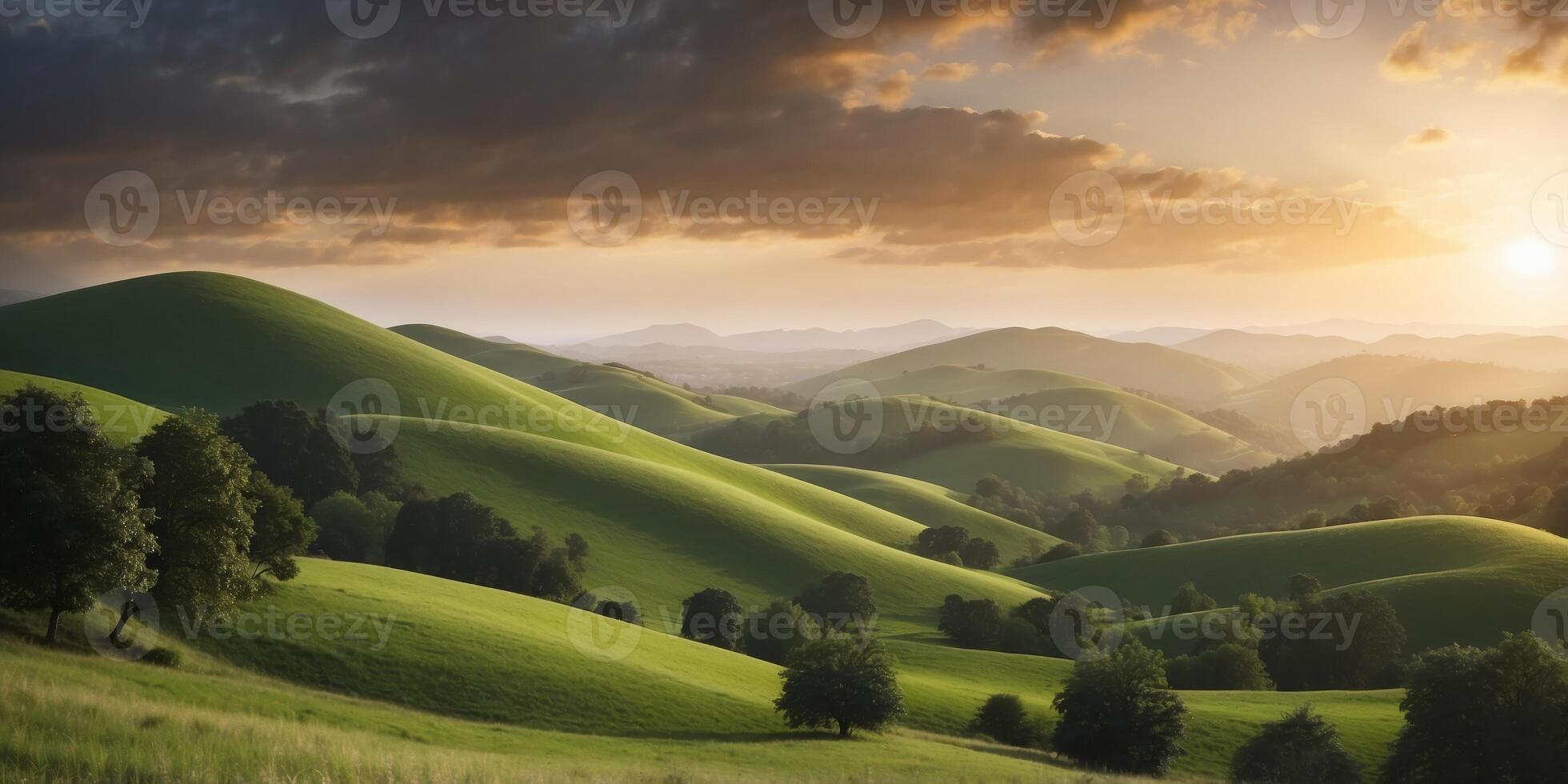 Serene green hills under a dynamic sky at sunrise. photo