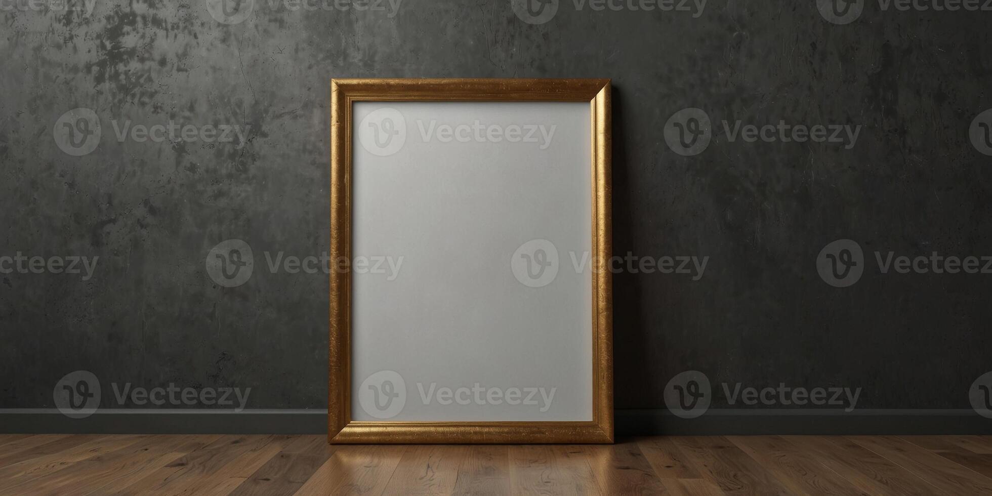 Vertical blank golden Wall picture frame on gray background. photo