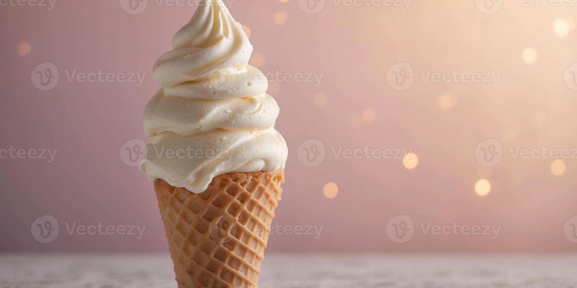 Vanilla soft serve ice cream cone on a pastel background. photo