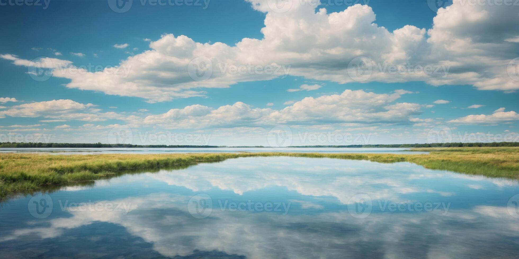 Serene landscape with fluffy clouds and reflective water surface. photo