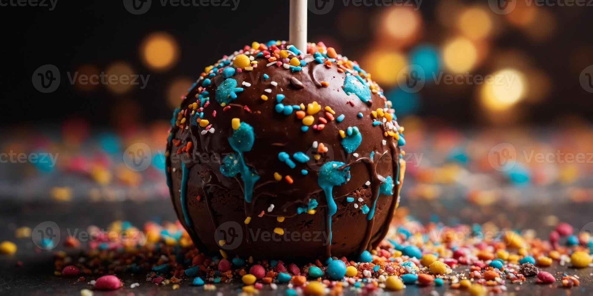 Close up of chocolate cake pop with colorful sugar sprinkles. photo